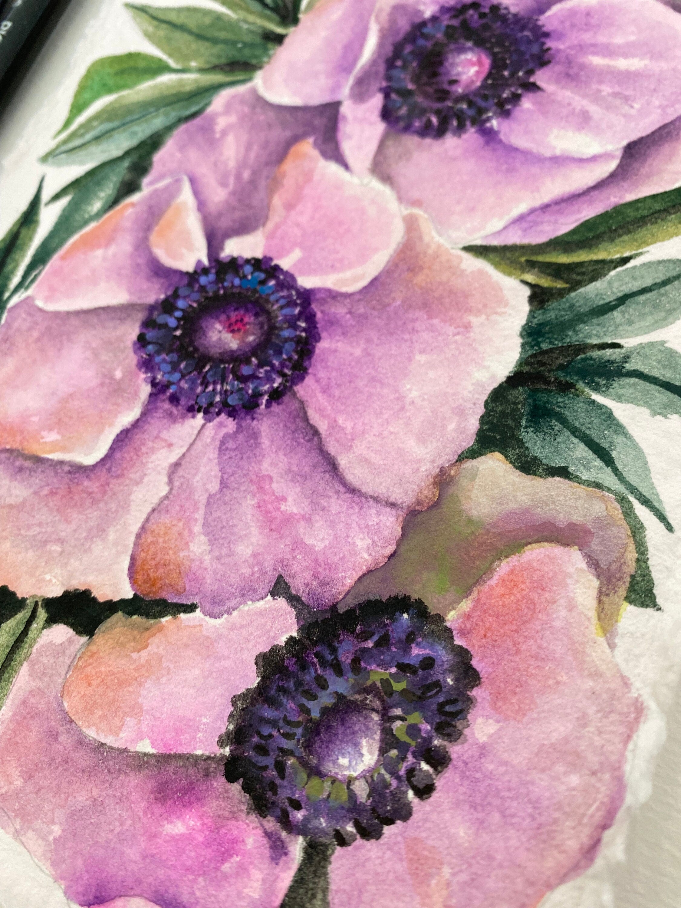 Original Anemone Flower Watercolor Painting on Handmade Paper
