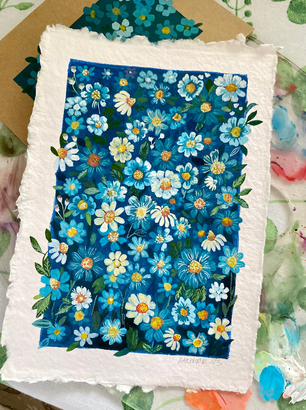 Original Gouache Flowers Painting: Blue Garden Art on Handmade Paper