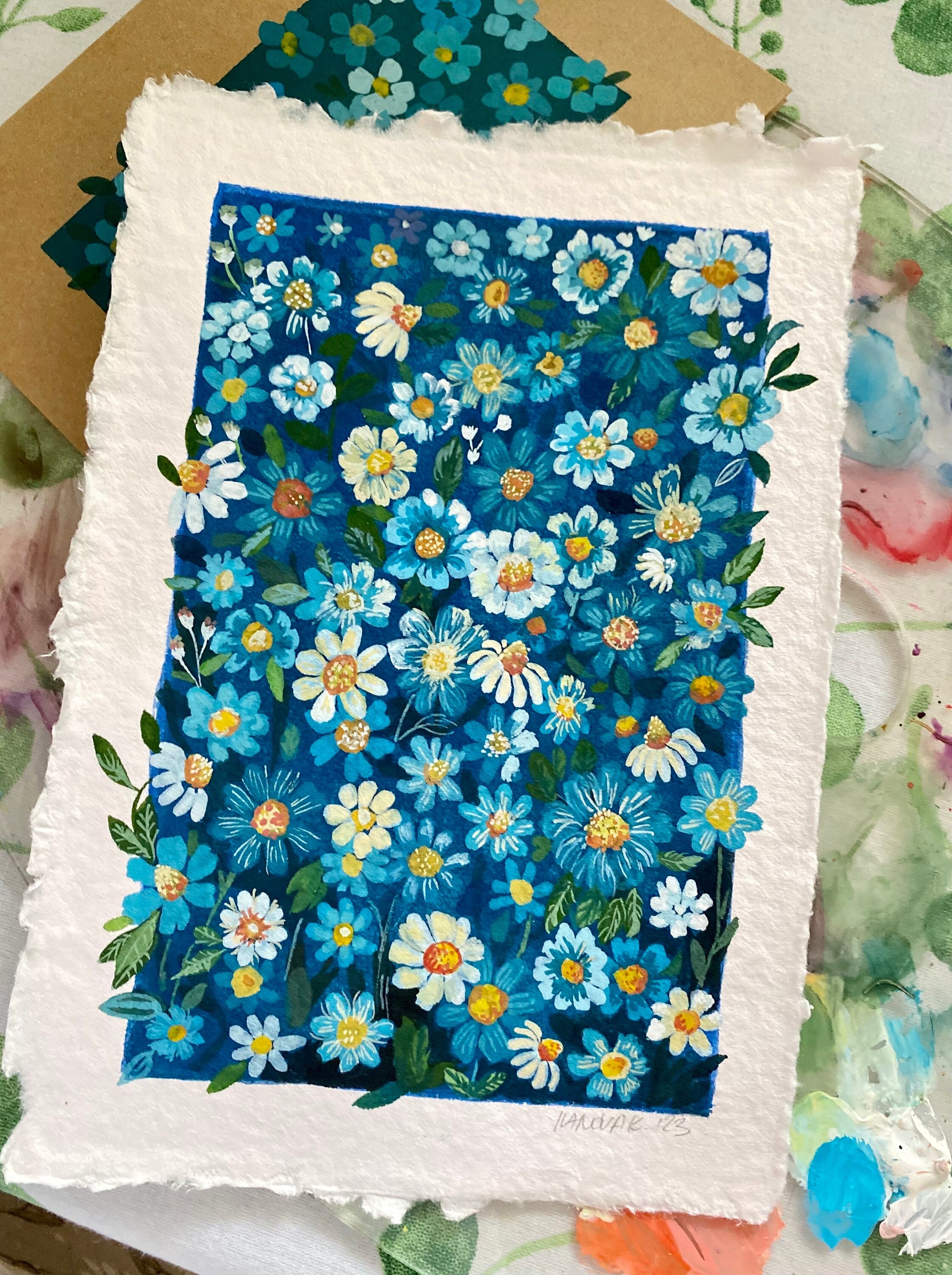 Original Gouache Flowers Painting: Blue Garden Art on Handmade Paper