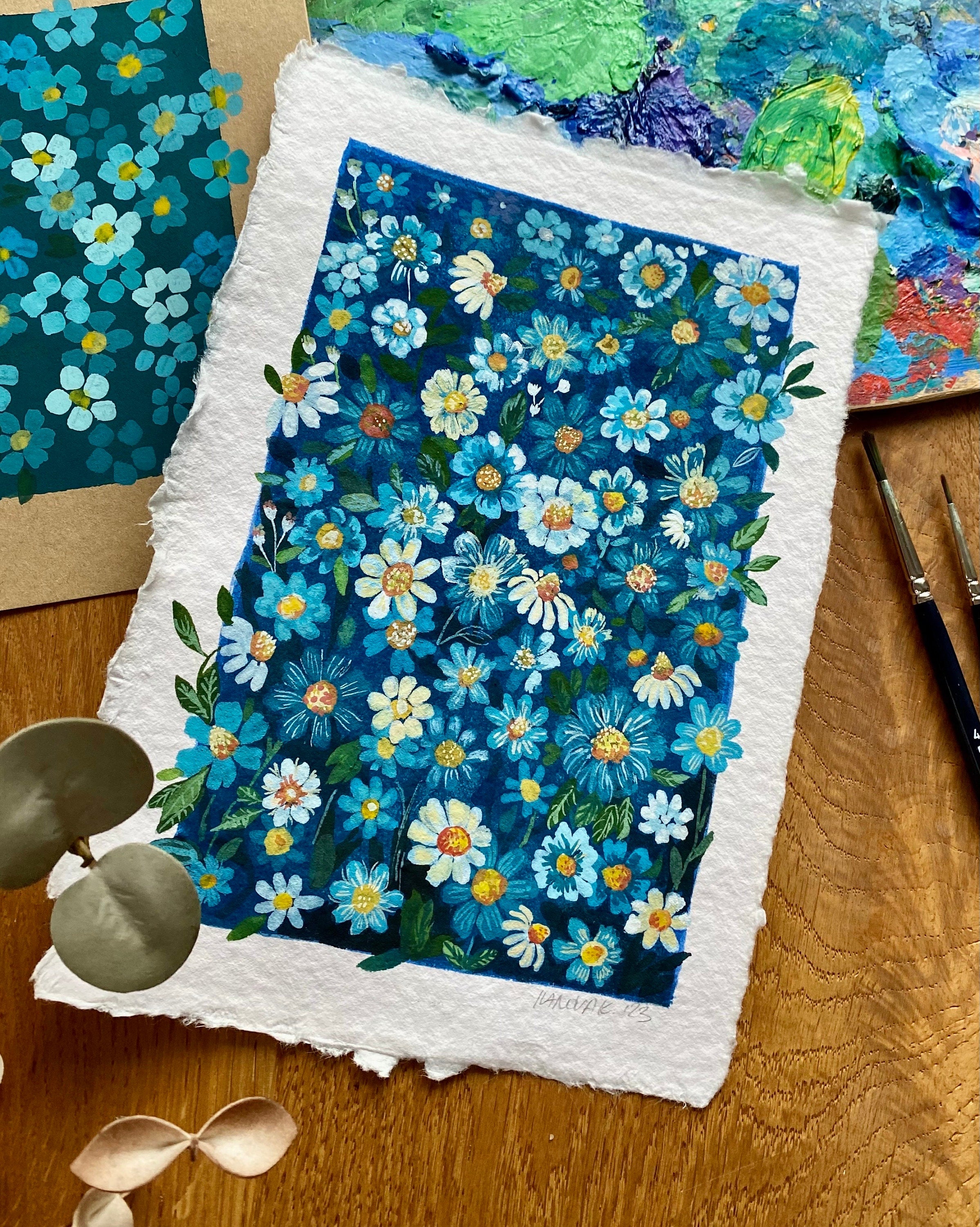 Original Gouache Flowers Painting: Blue Garden Art on Handmade Paper