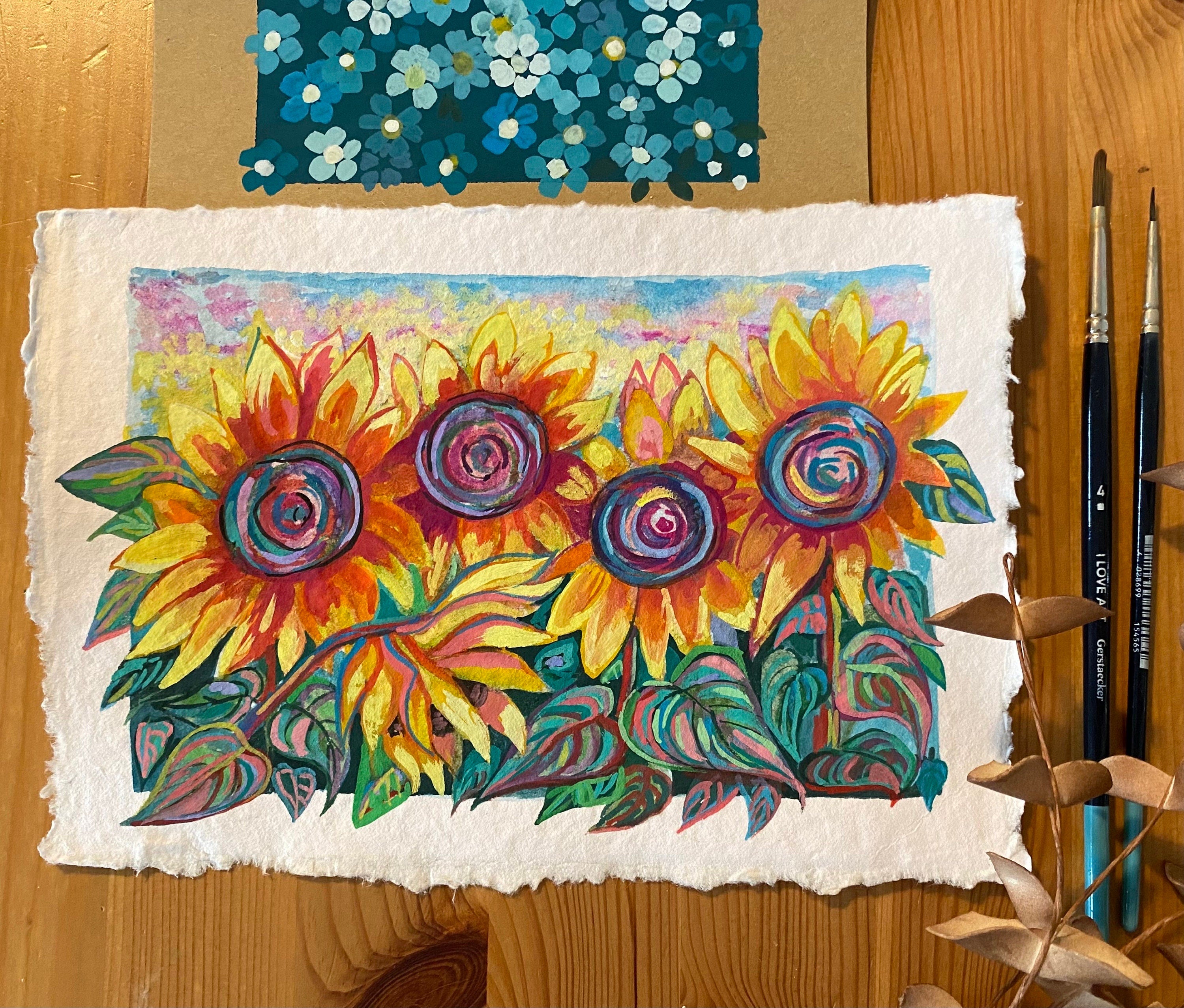 Original Gouache Sunflowers Painting on Handmade Paper