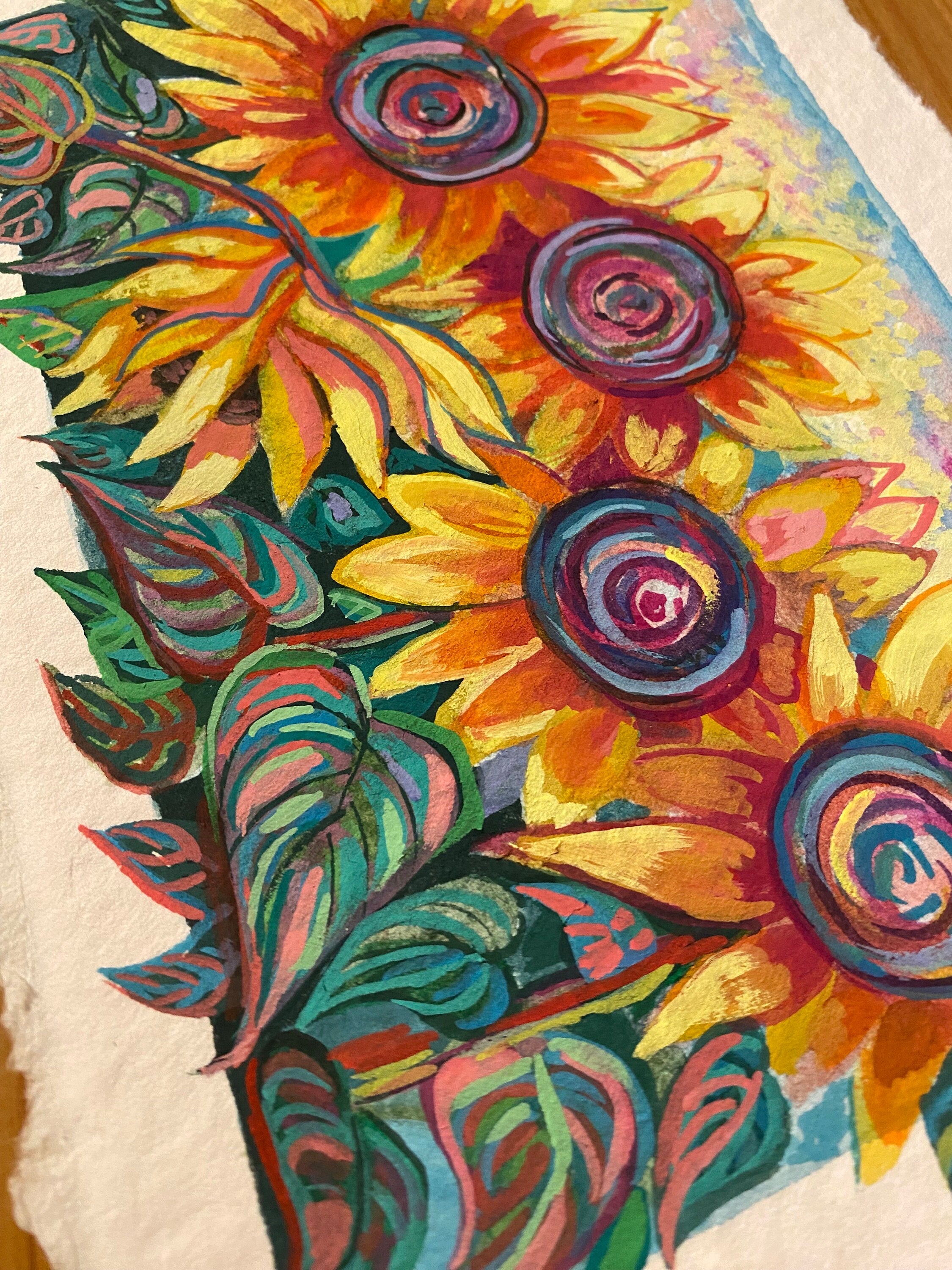 Original Gouache Sunflowers Painting on Handmade Paper