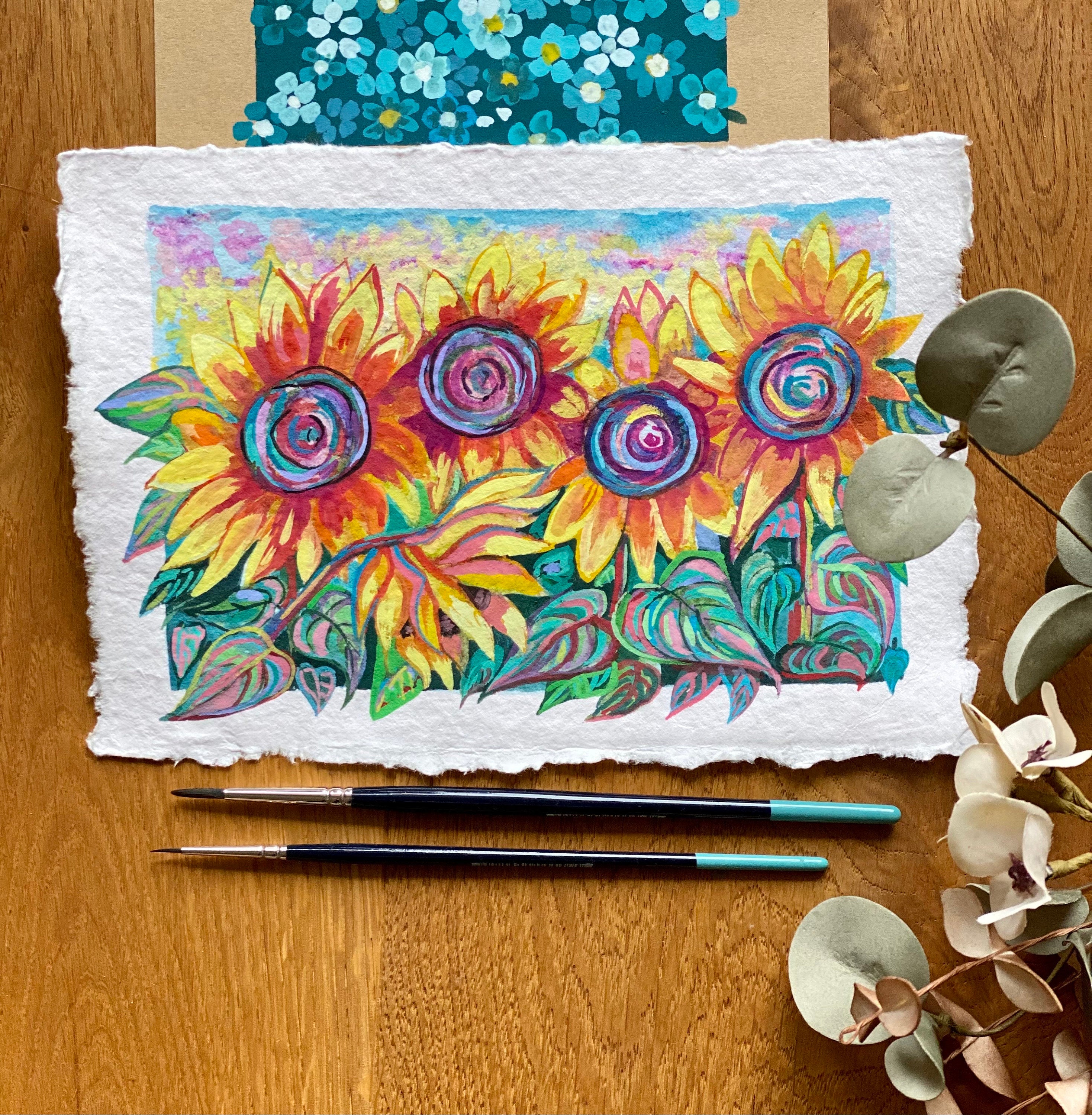 Original Gouache Sunflowers Painting on Handmade Paper