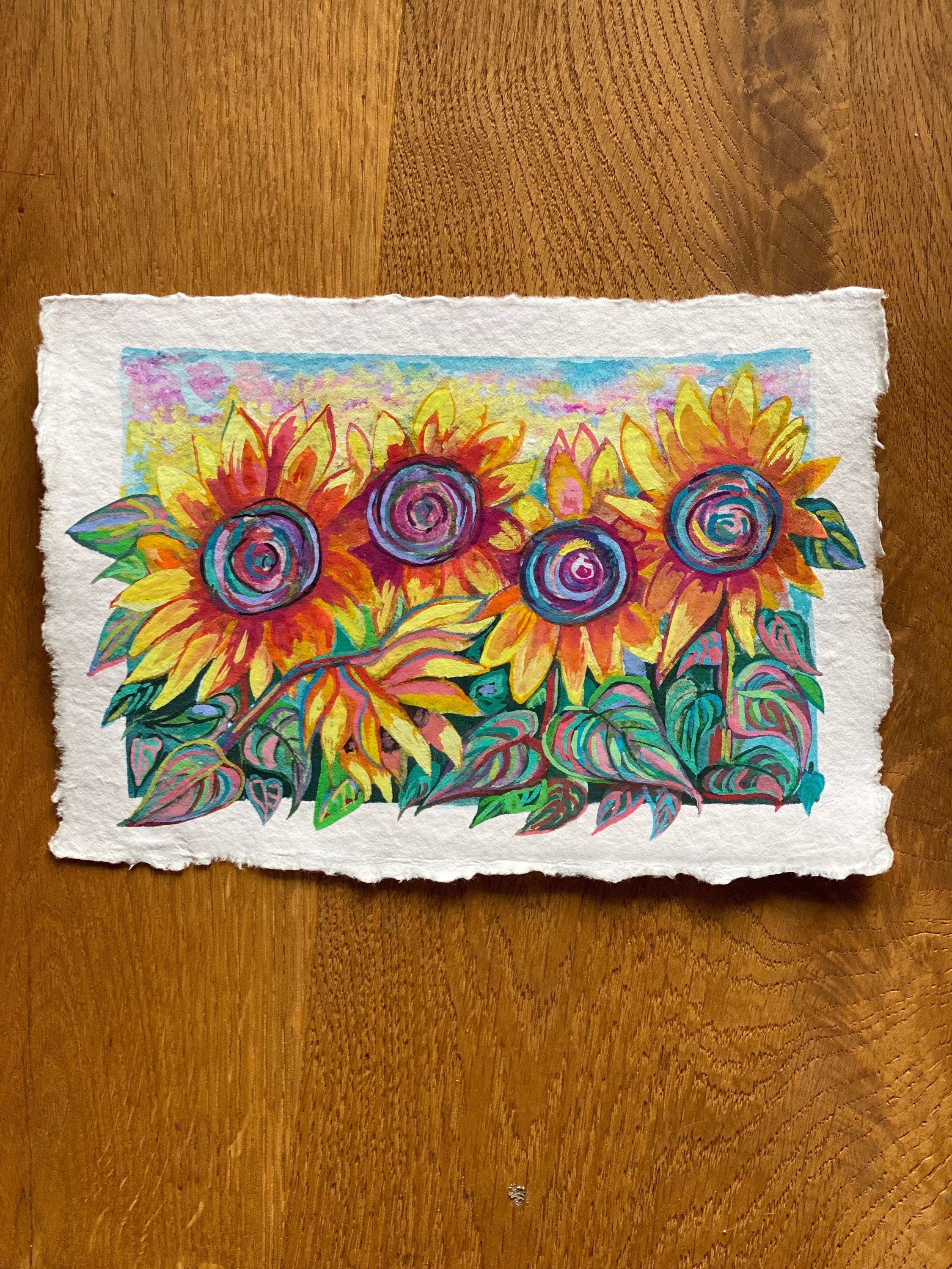 Original Gouache Sunflowers Painting on Handmade Paper