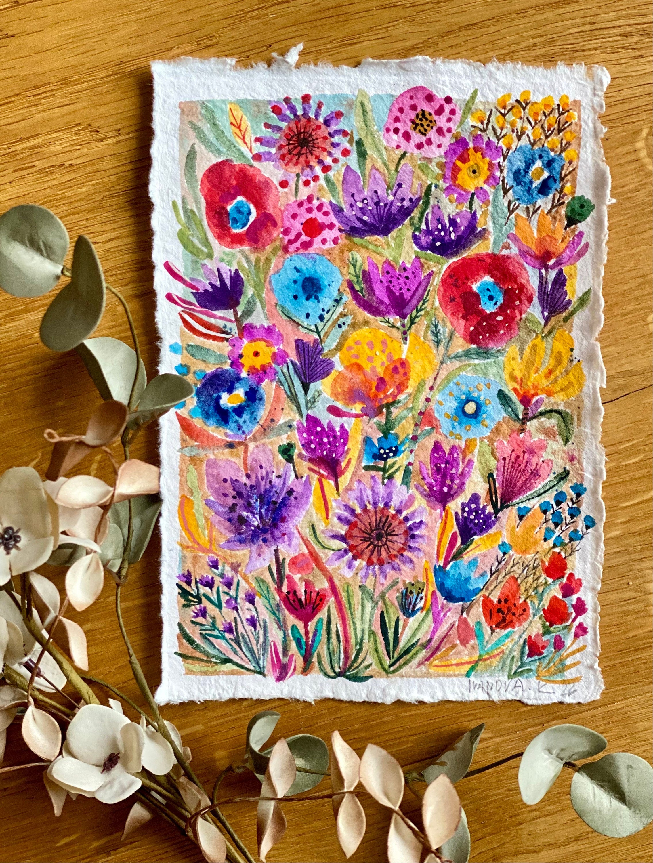 Garden flowers painting, Original gouache watercolor painting on rough paper