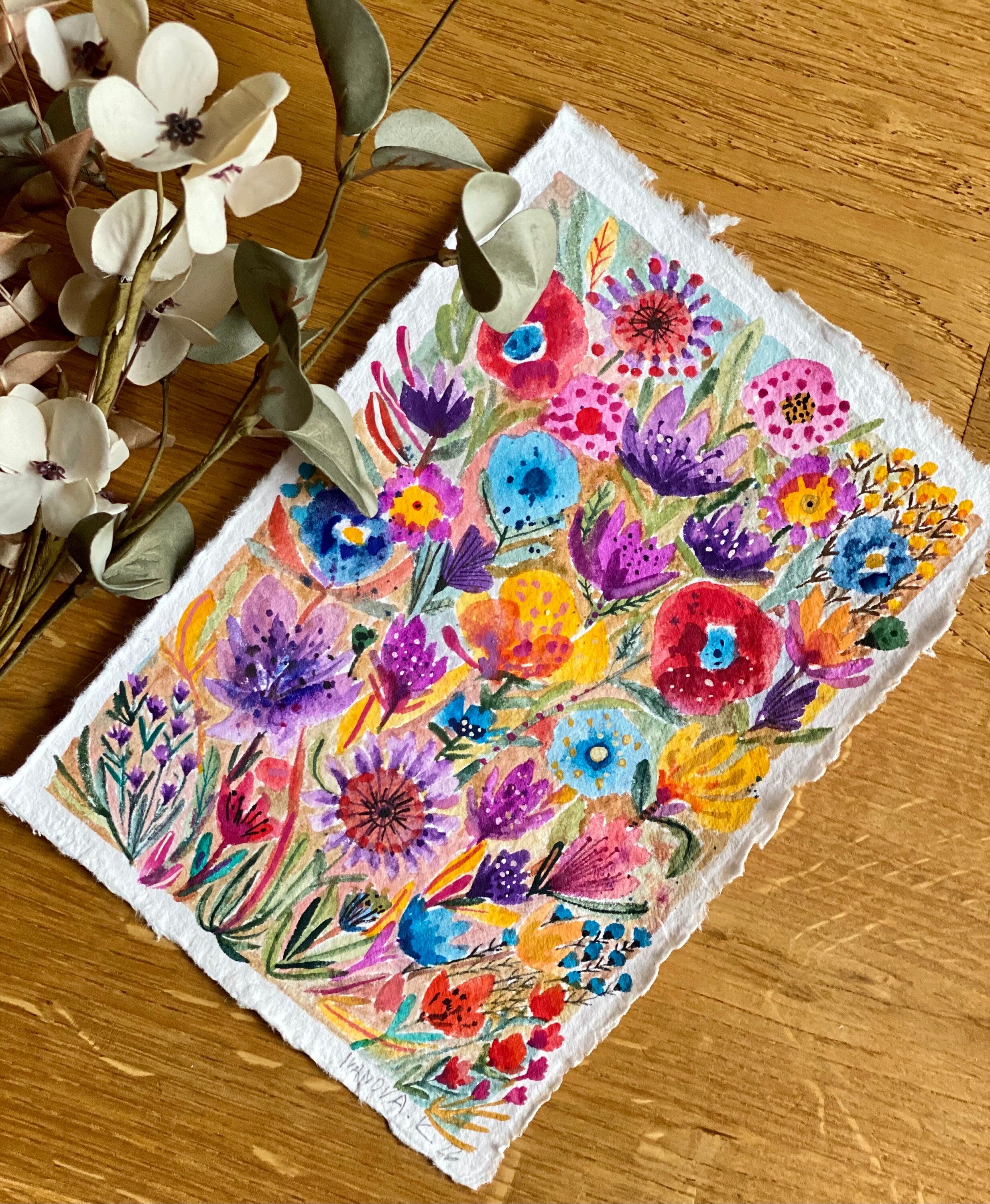 Garden flowers painting, Original gouache watercolor painting on rough paper