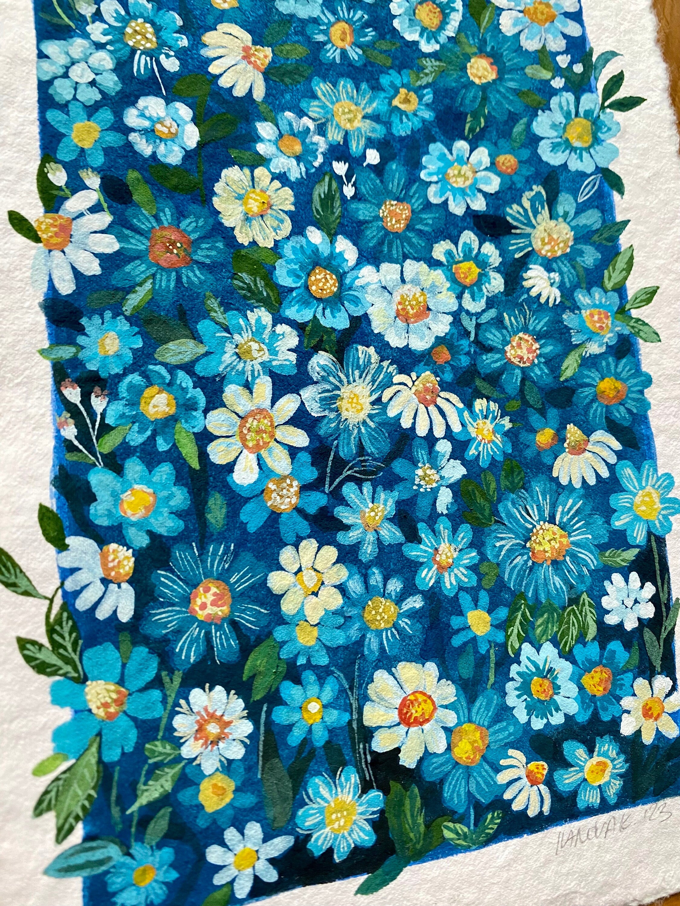 Original Gouache Flowers Painting: Blue Garden Art on Handmade Paper