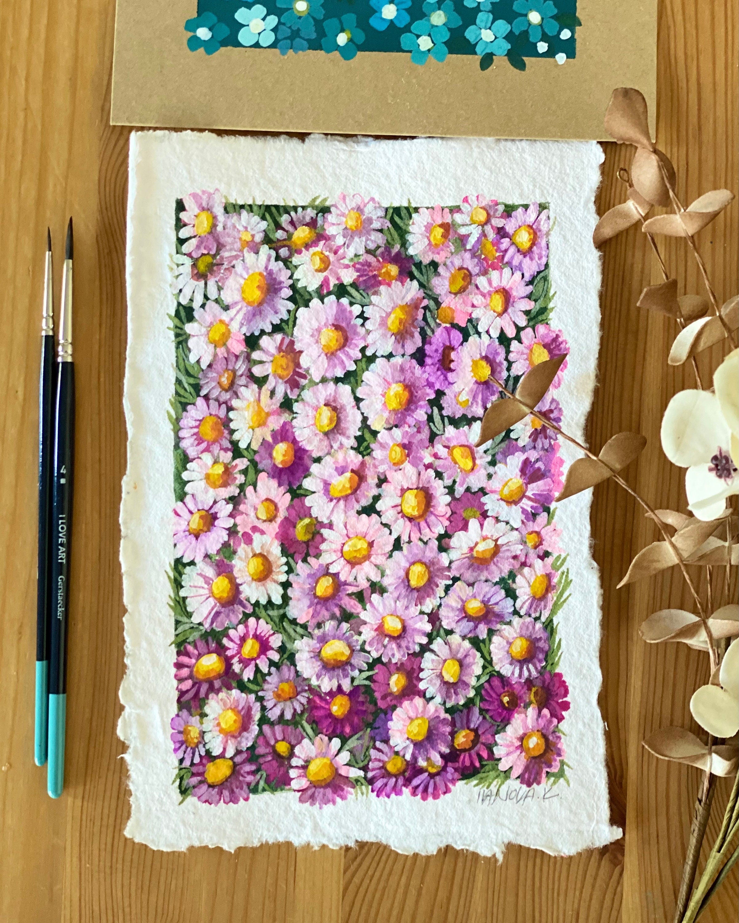 Original Gouache Daisies Painting on Handmade Paper