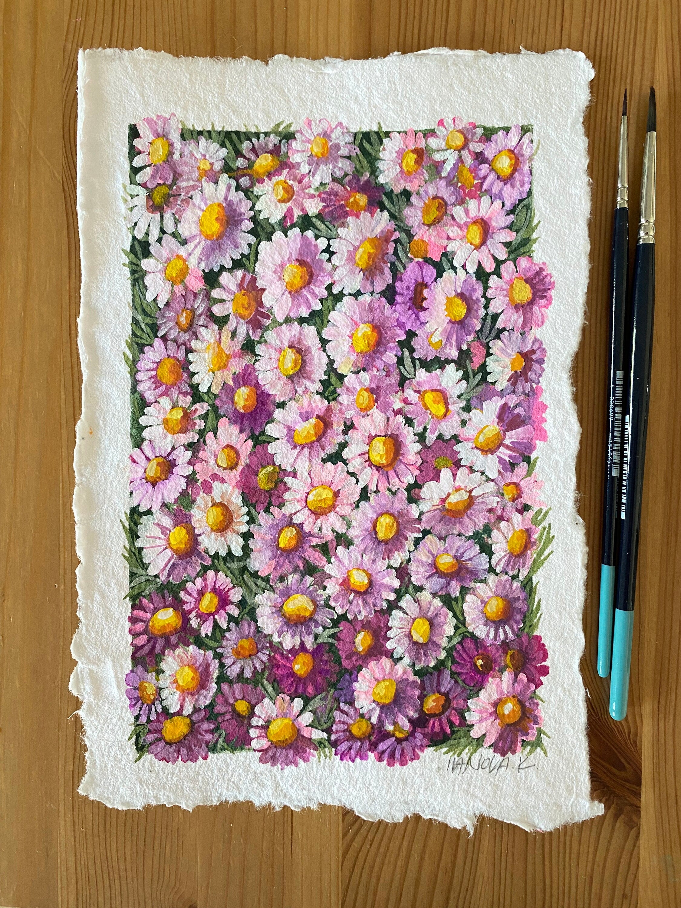 Original Gouache Daisies Painting on Handmade Paper
