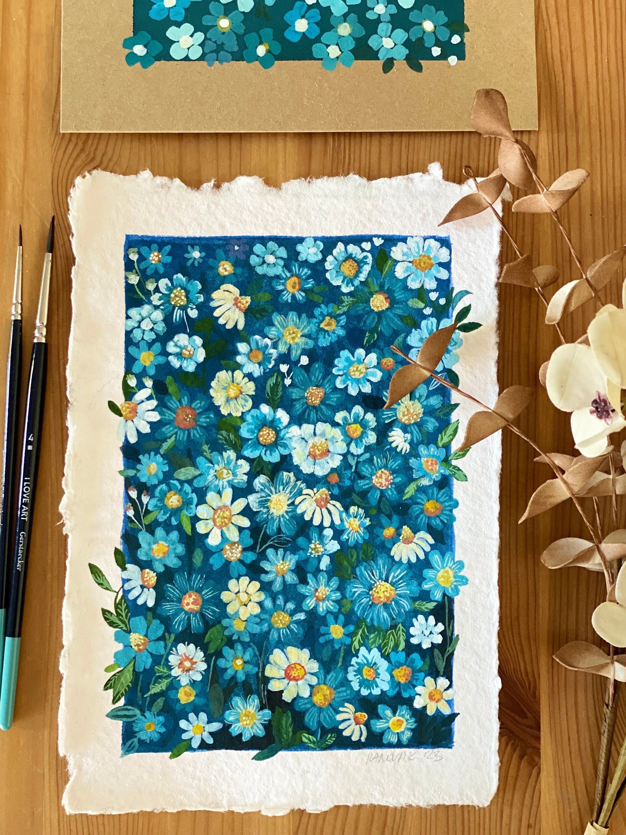 Original Gouache Flowers Painting: Blue Garden Art on Handmade Paper