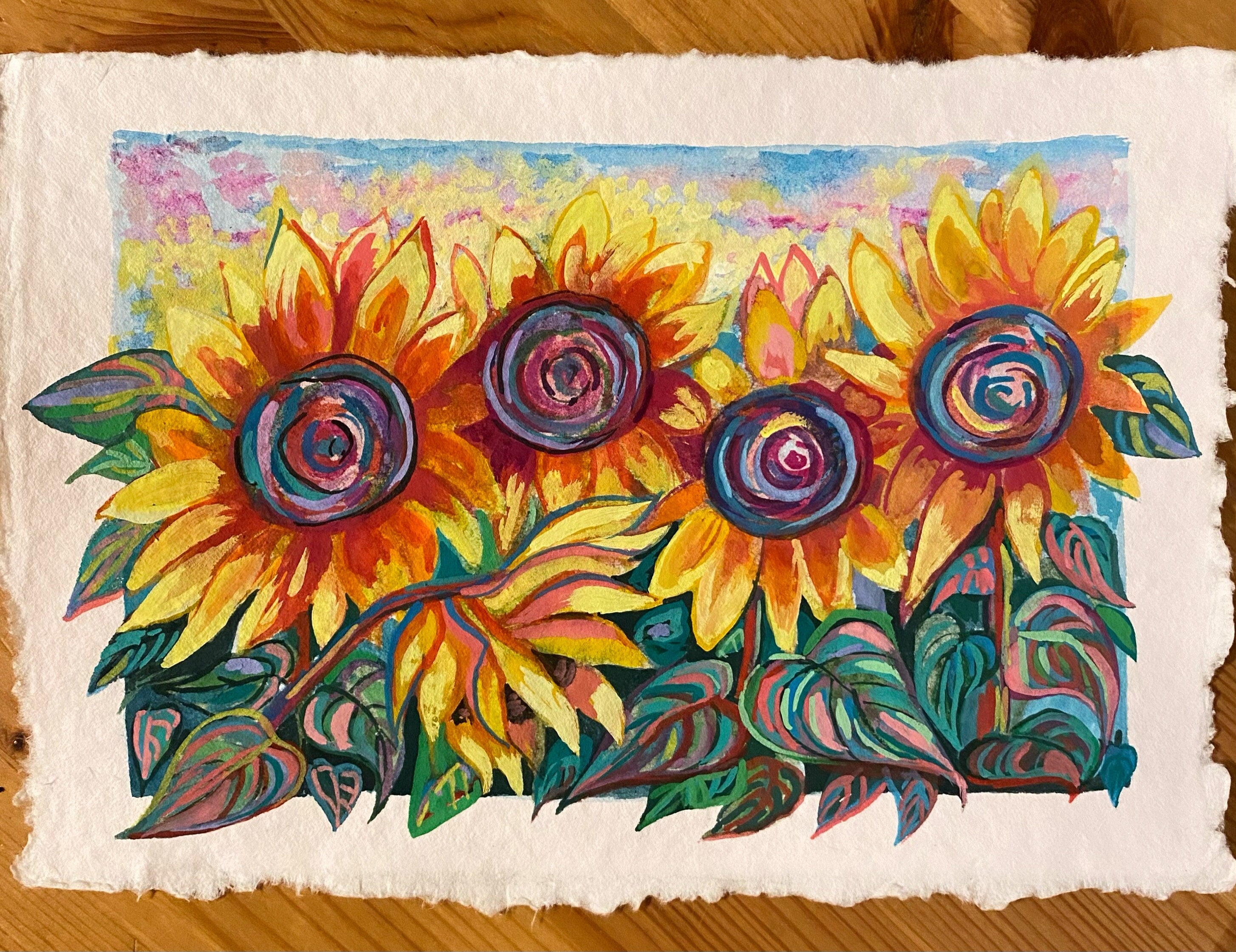 Original Gouache Sunflowers Painting on Handmade Paper