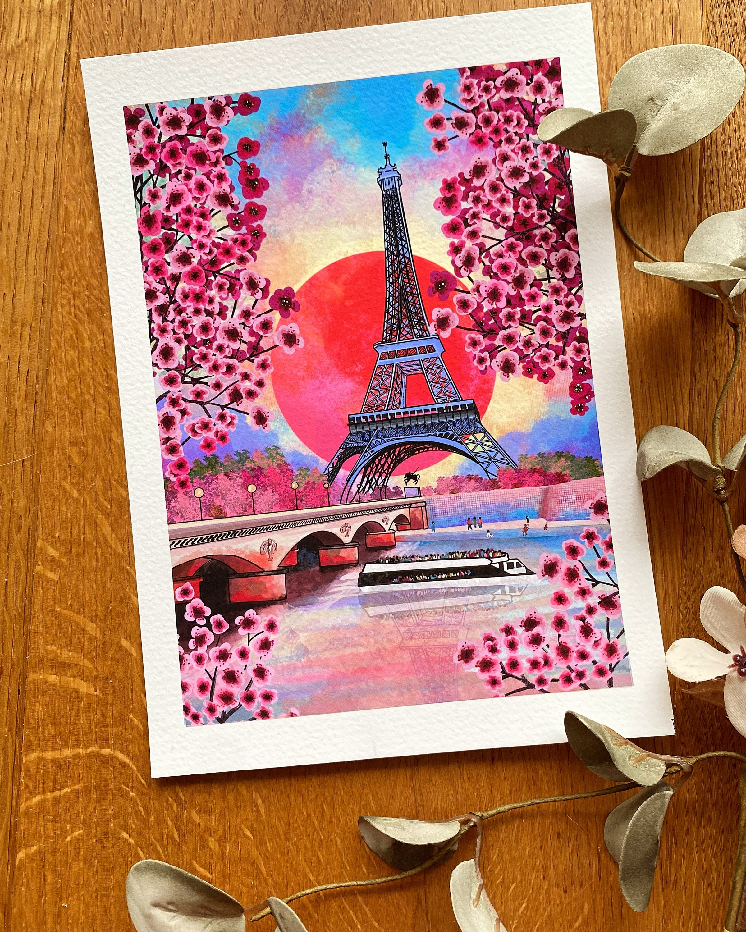 Eiffel Tower Art Print: Paris Landscape with Cherry Blossoms