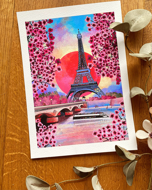 Eiffel Tower Art Print: Paris Landscape with Cherry Blossoms