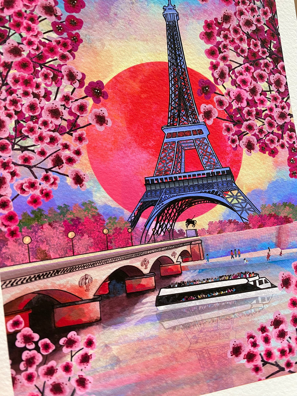 Eiffel Tower Art Print: Paris Landscape with Cherry Blossoms