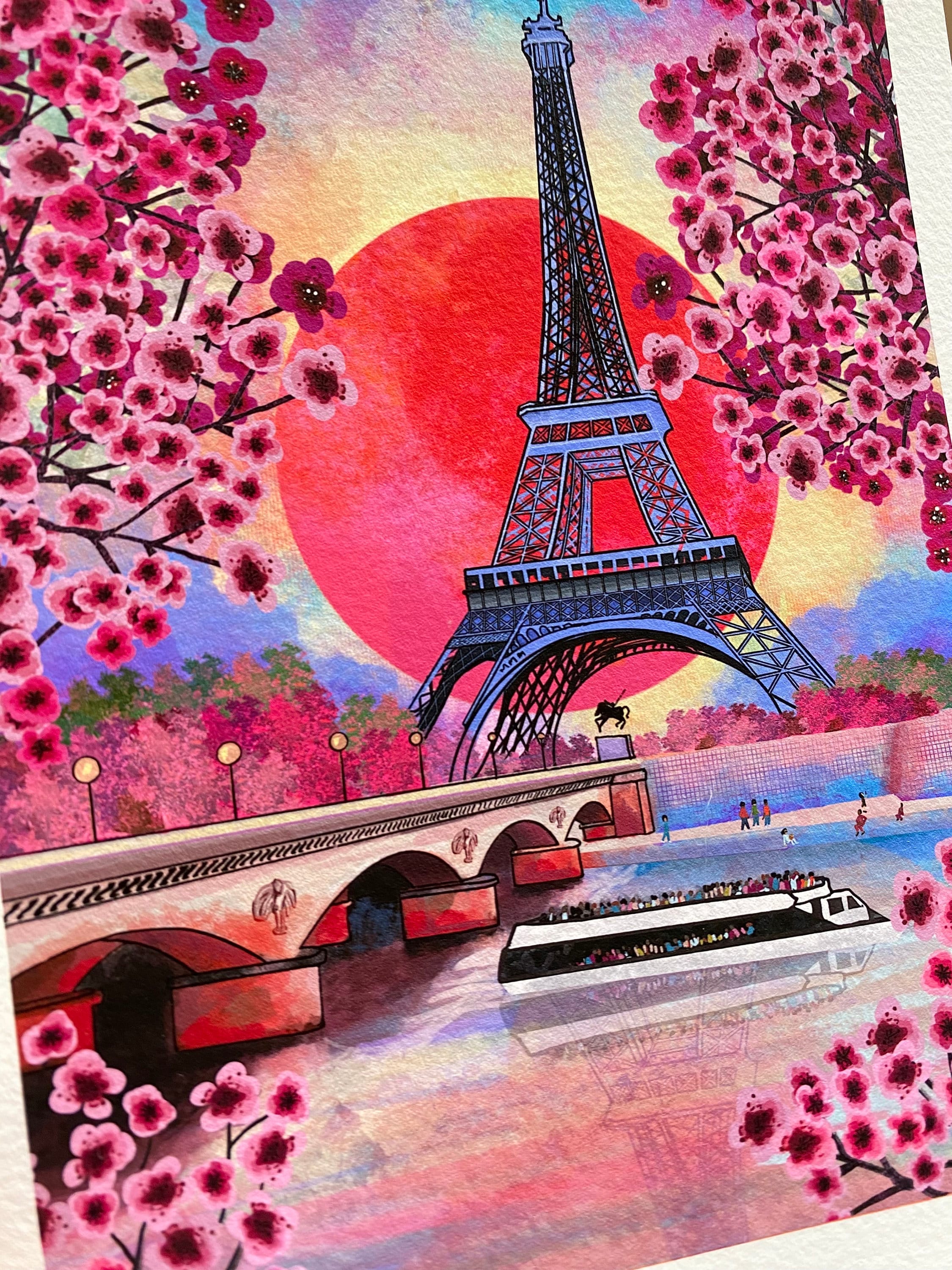 Eiffel Tower Art Print: Paris Landscape with Cherry Blossoms