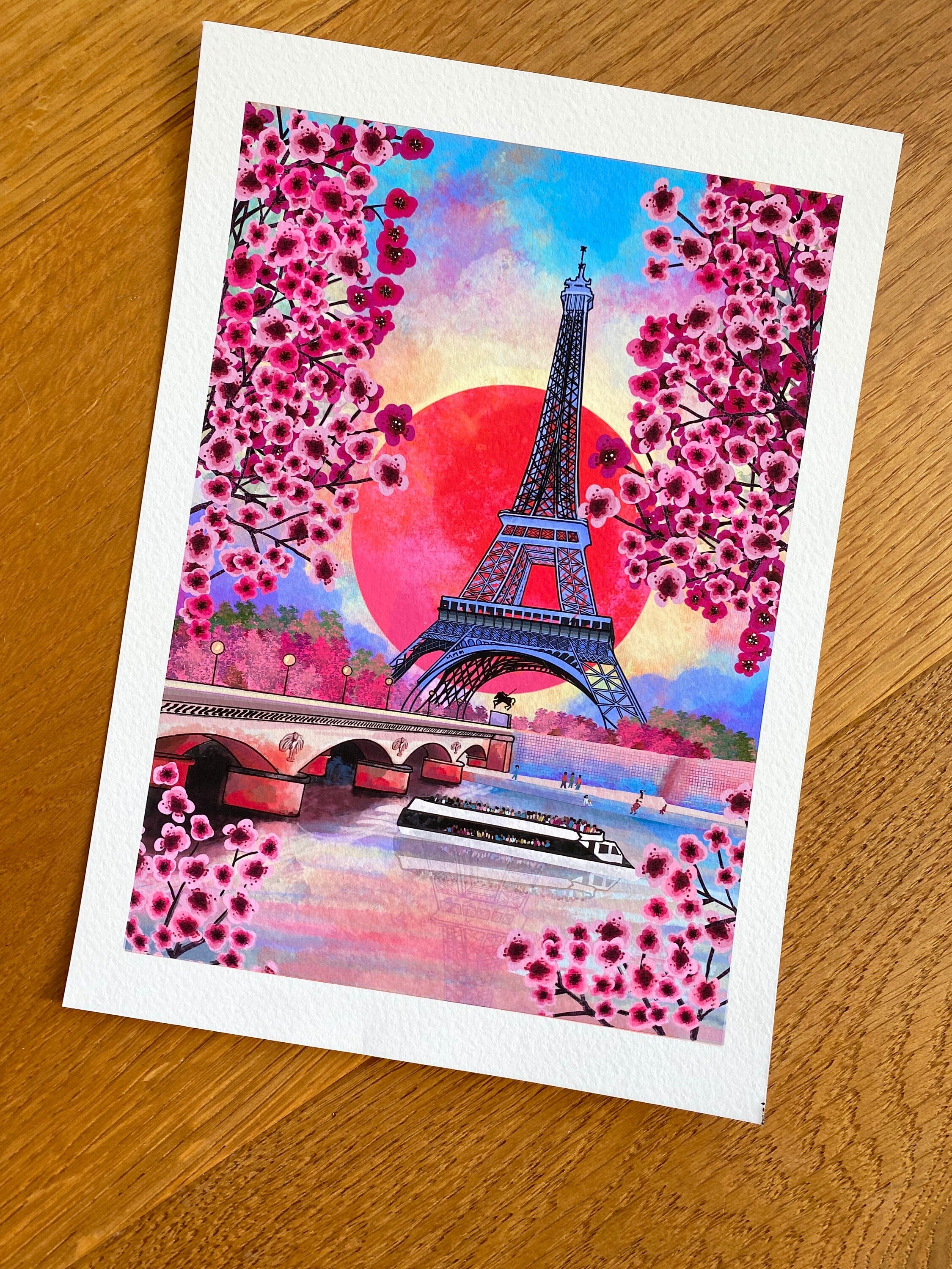 Eiffel Tower Art Print: Paris Landscape with Cherry Blossoms