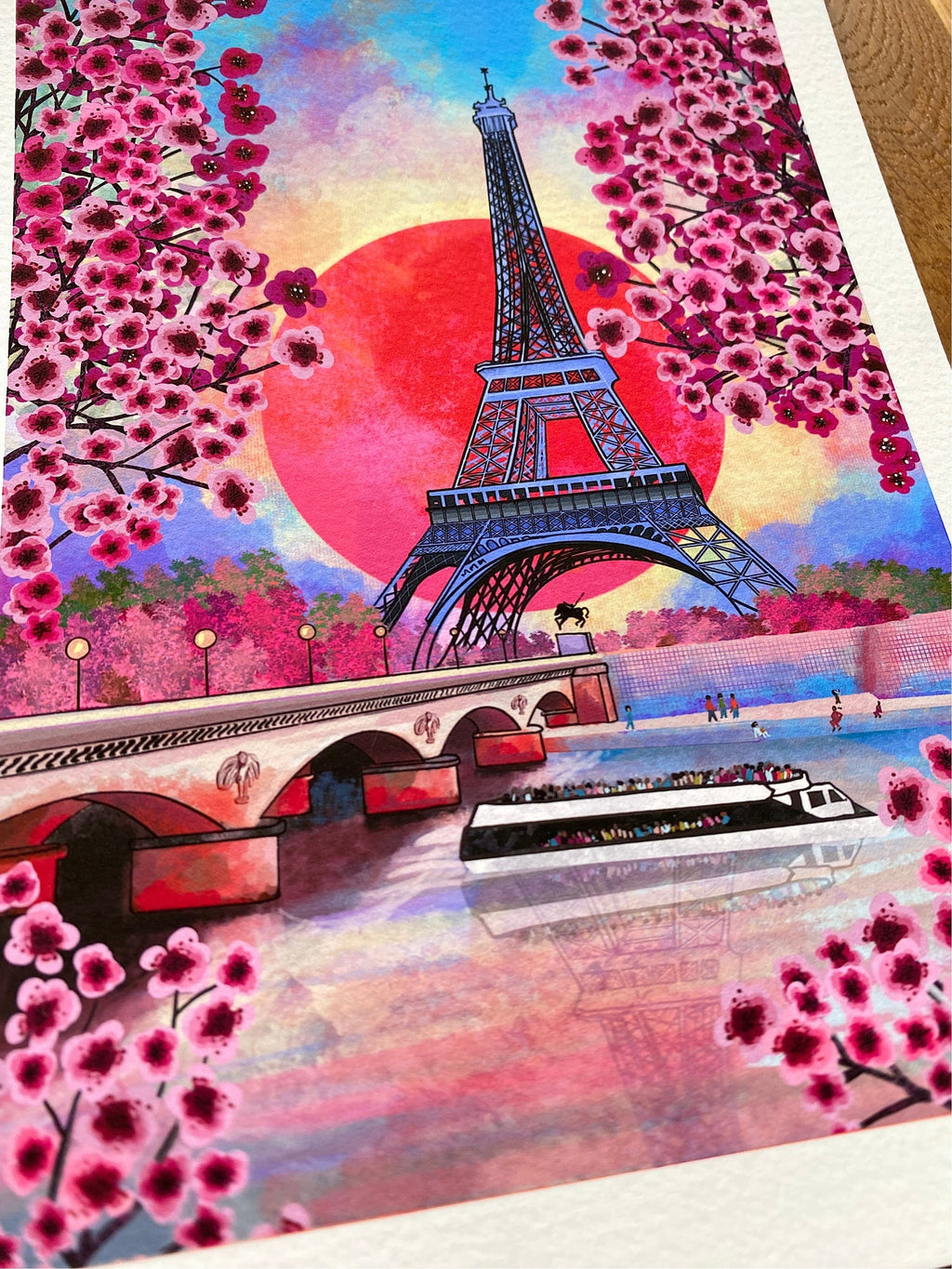 Eiffel Tower Art Print: Paris Landscape with Cherry Blossoms
