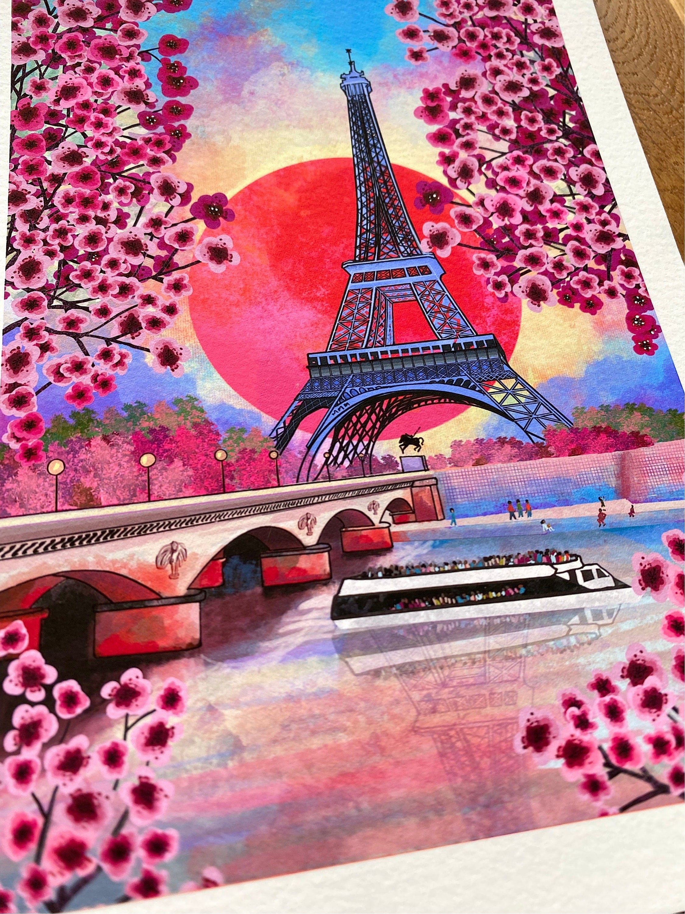 Eiffel Tower Art Print: Paris Landscape with Cherry Blossoms