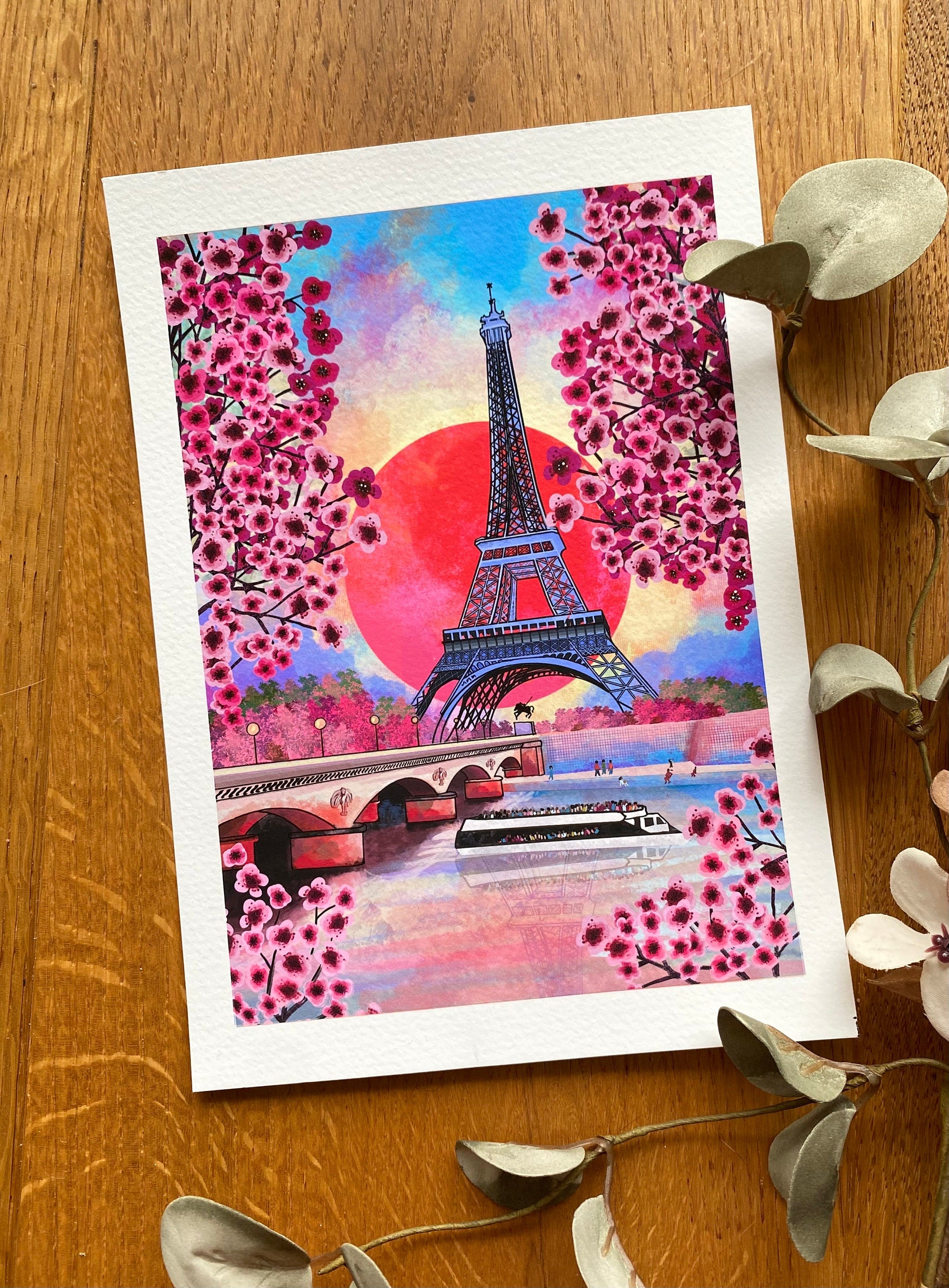 Eiffel Tower Art Print: Paris Landscape with Cherry Blossoms