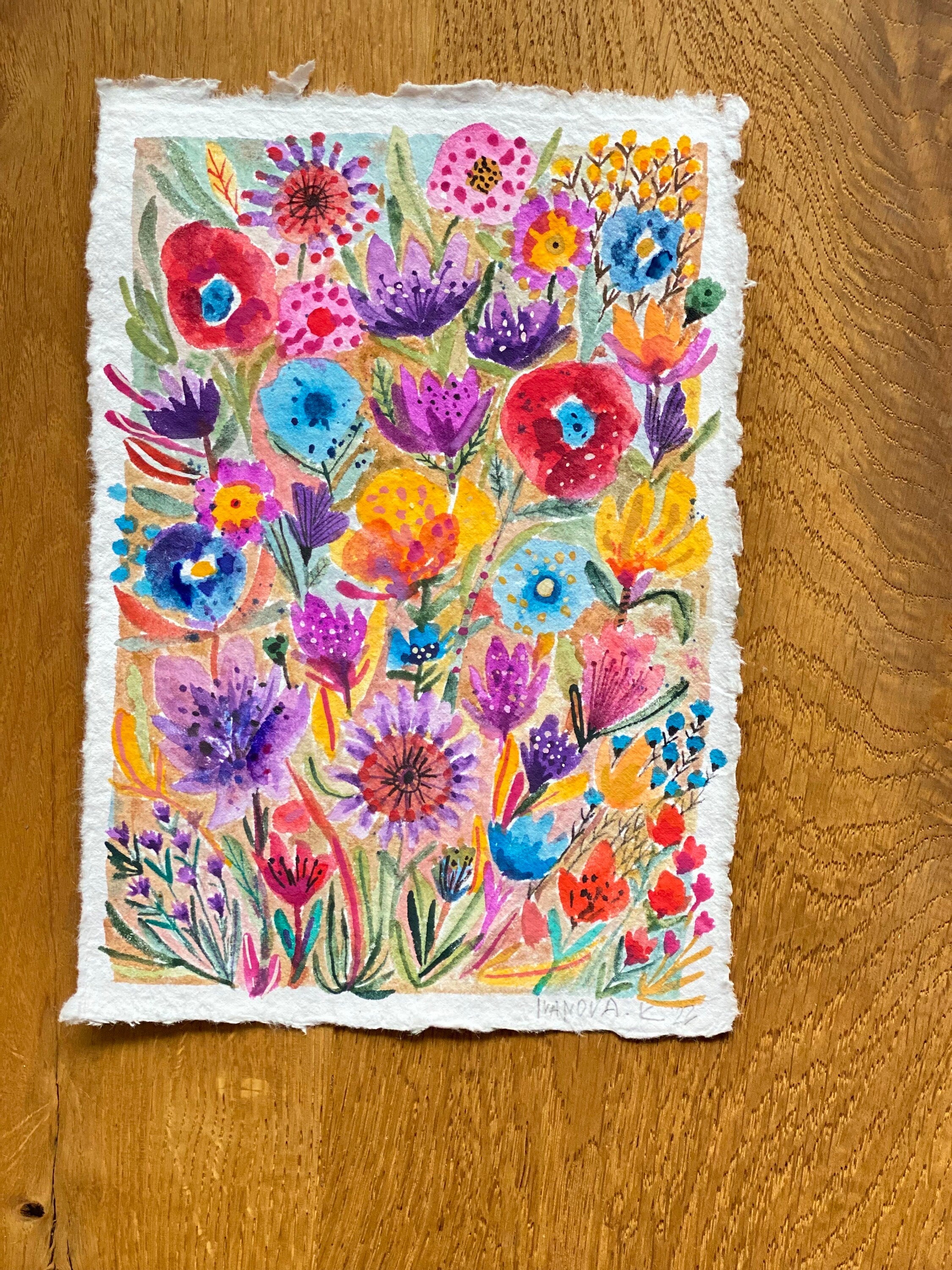 Garden flowers painting, Original gouache watercolor painting on rough paper