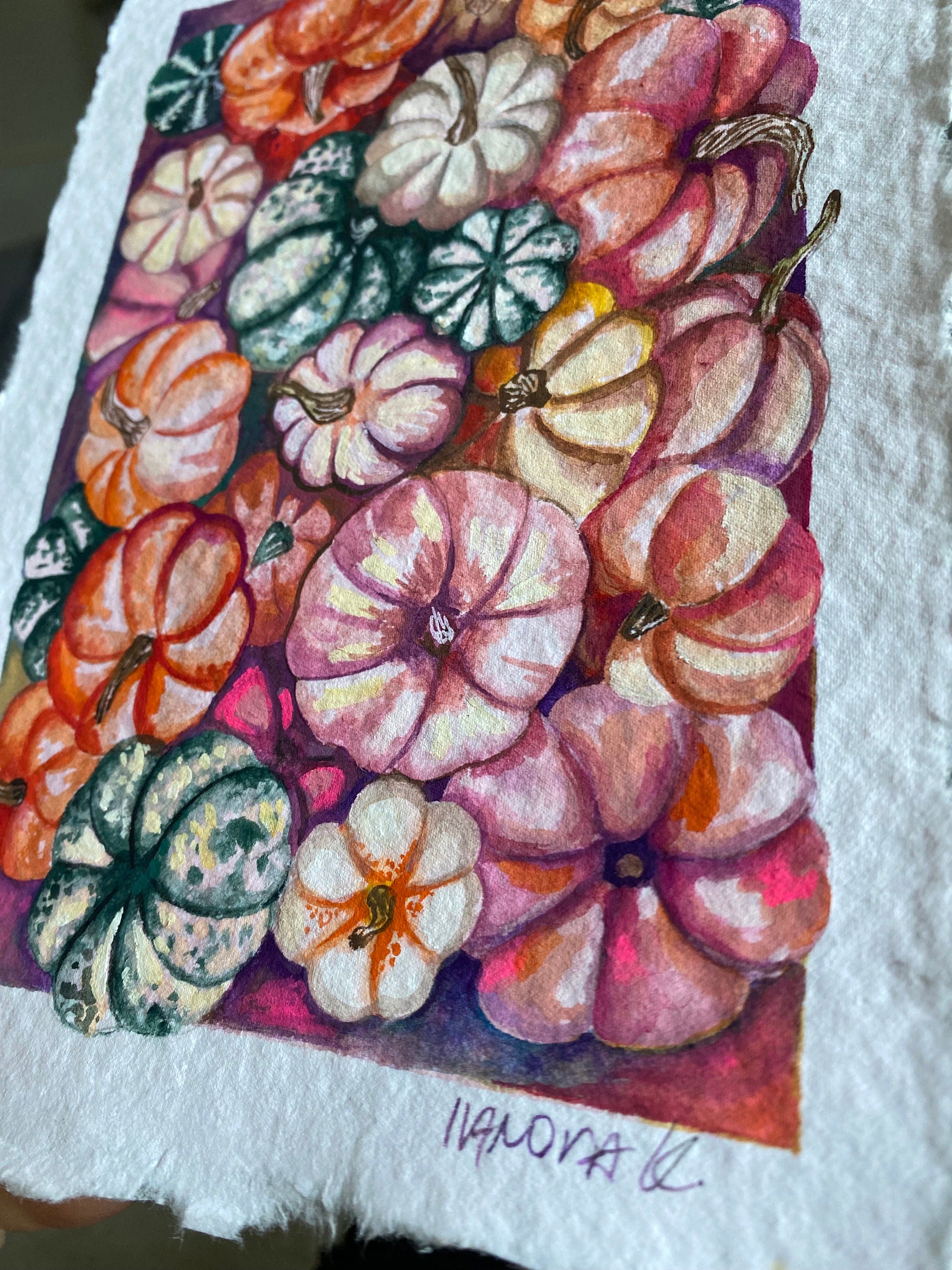 Pumpkin painting, Original gouache pumpkins painting on rough paper