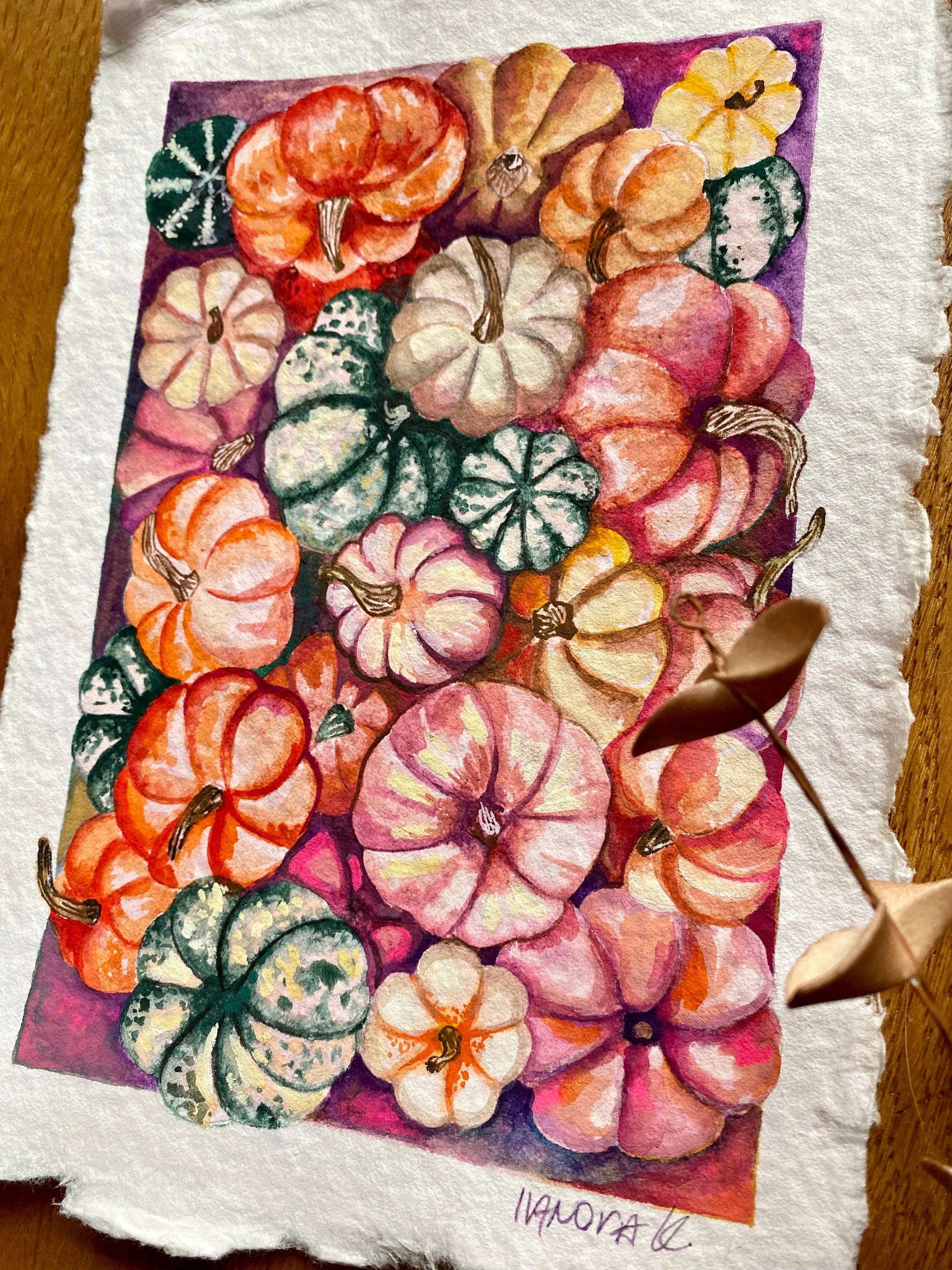 Pumpkin painting, Original gouache pumpkins painting on rough paper