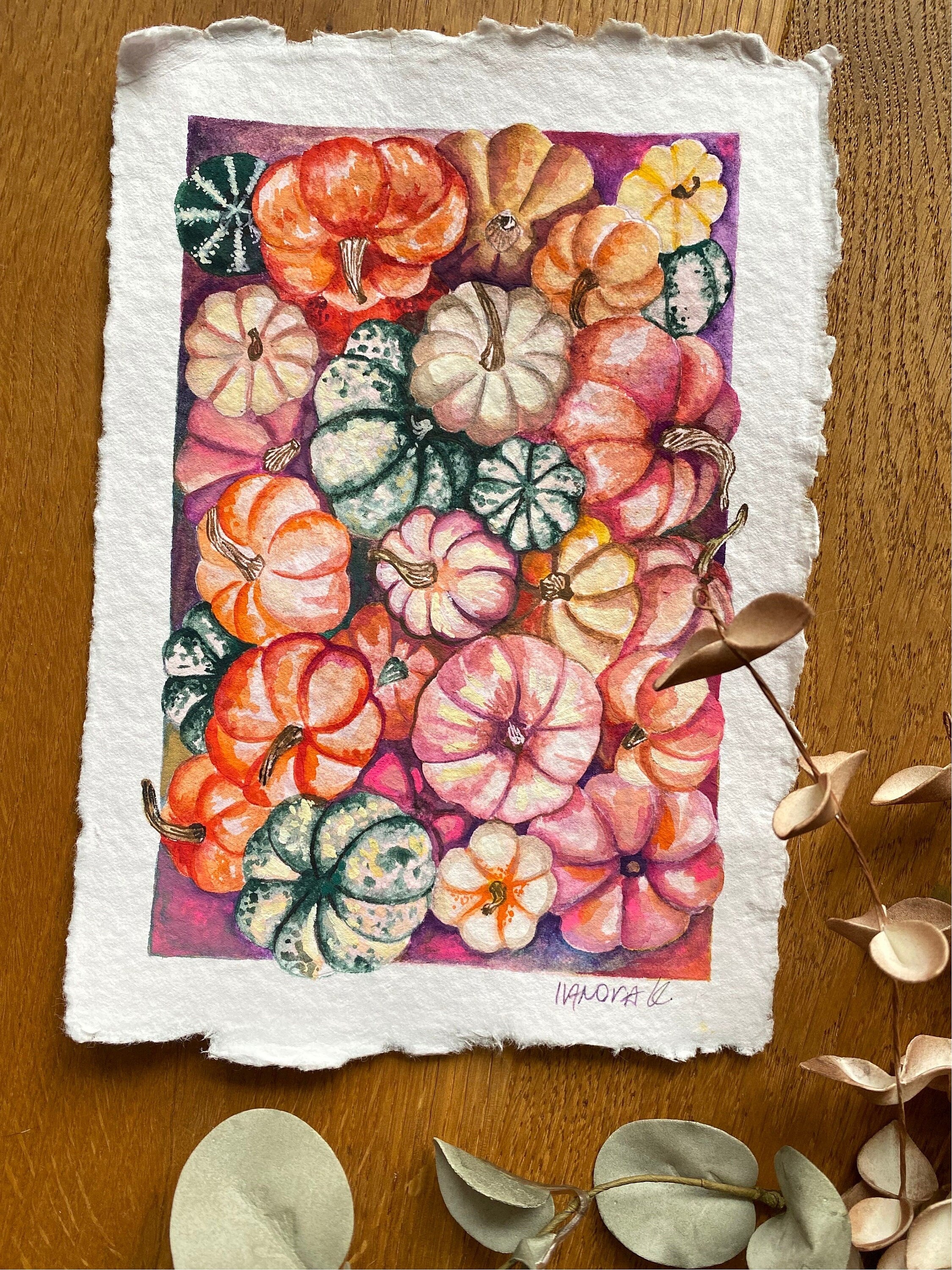 Pumpkin painting, Original gouache pumpkins painting on rough paper