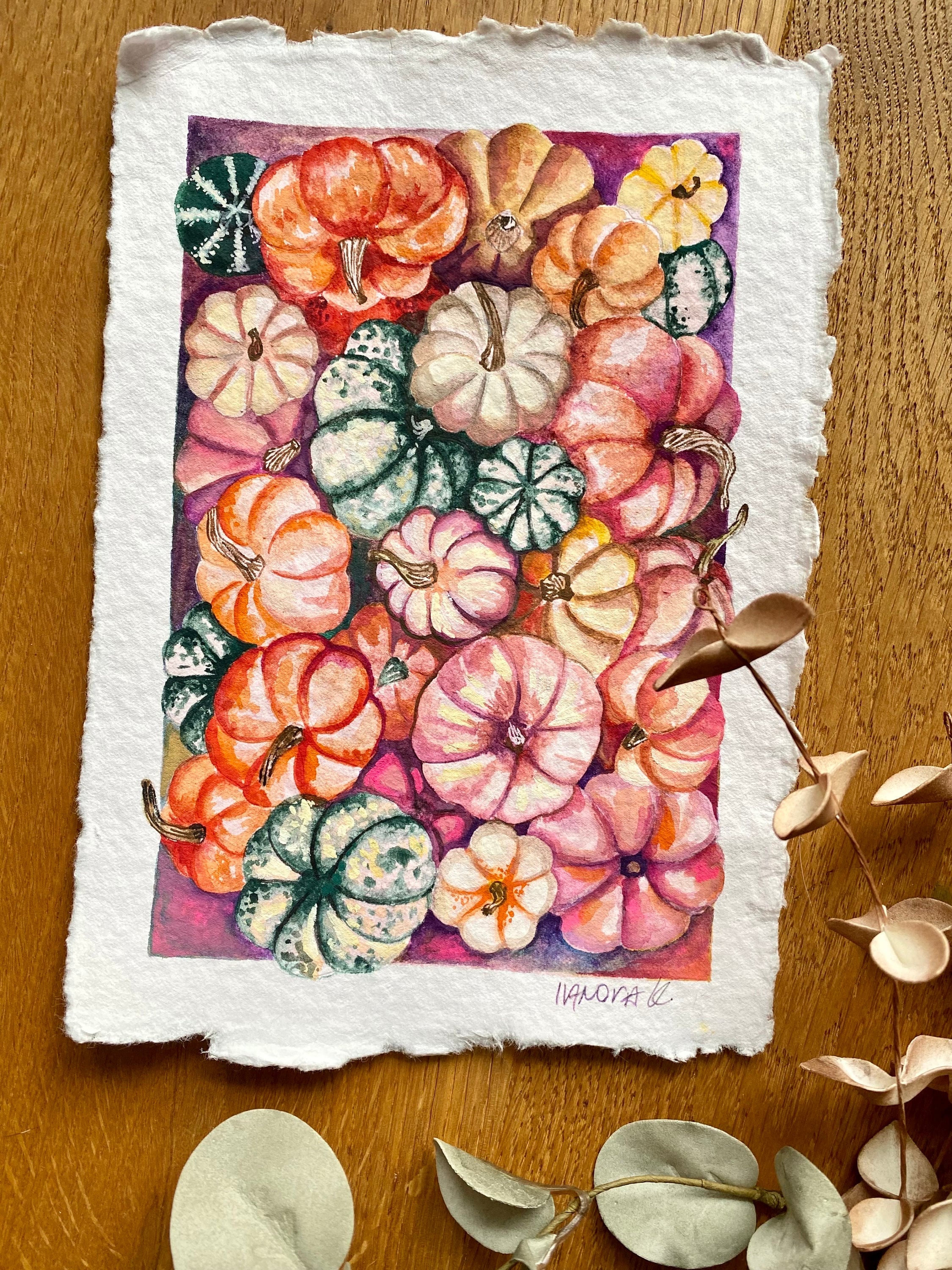 Pumpkin painting, Original gouache pumpkins painting on rough paper