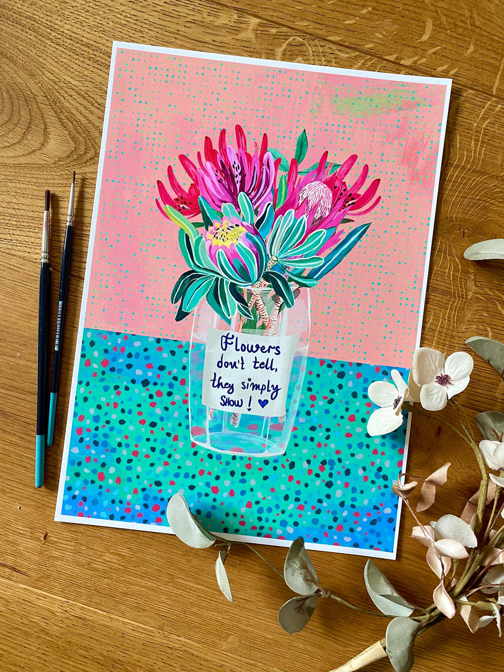 Proteas in vase - Original Art gently vibrant print, by KKArts