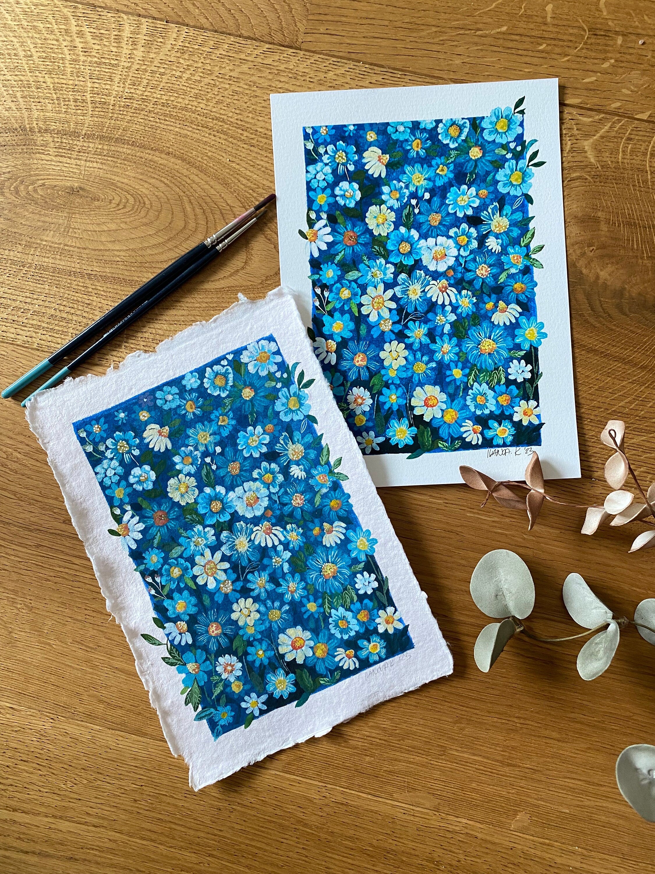 Original Gouache Flowers Painting: Blue Garden Art on Handmade Paper