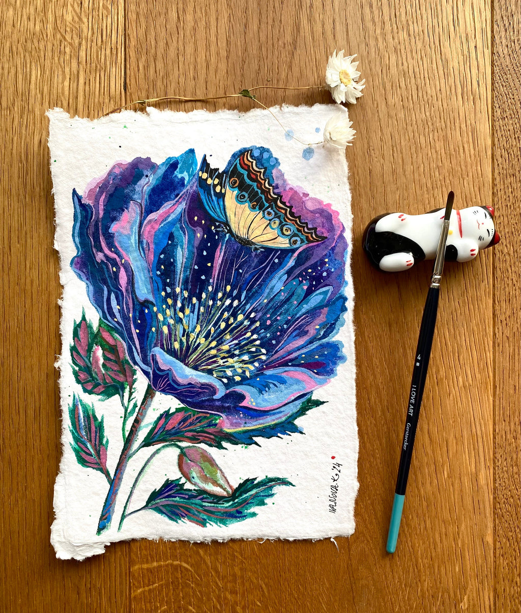 Original Gouache Butterfly and Flower Painting on Handmade Paper