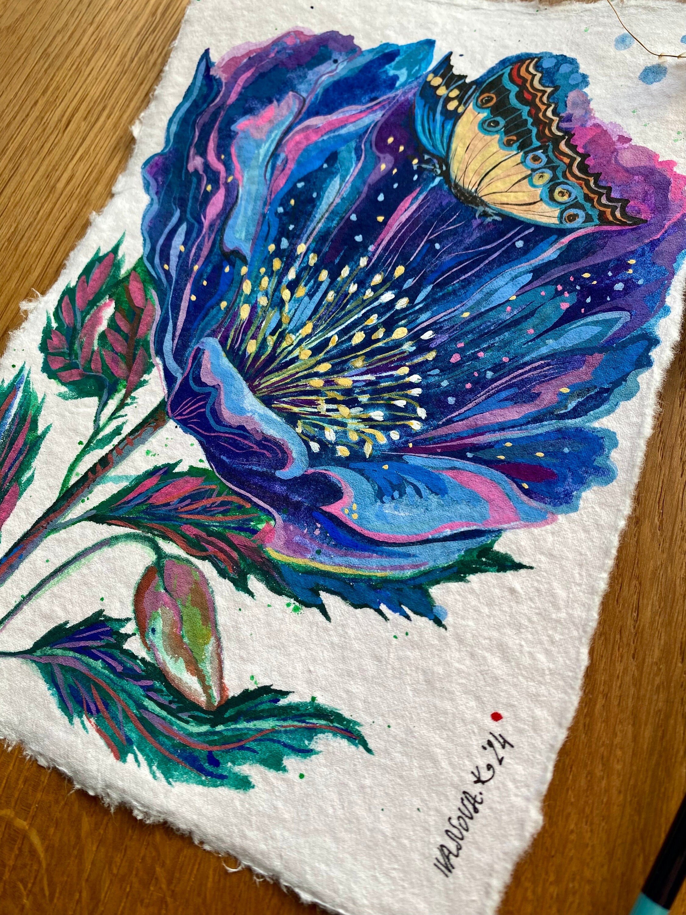 Original Gouache Butterfly and Flower Painting on Handmade Paper