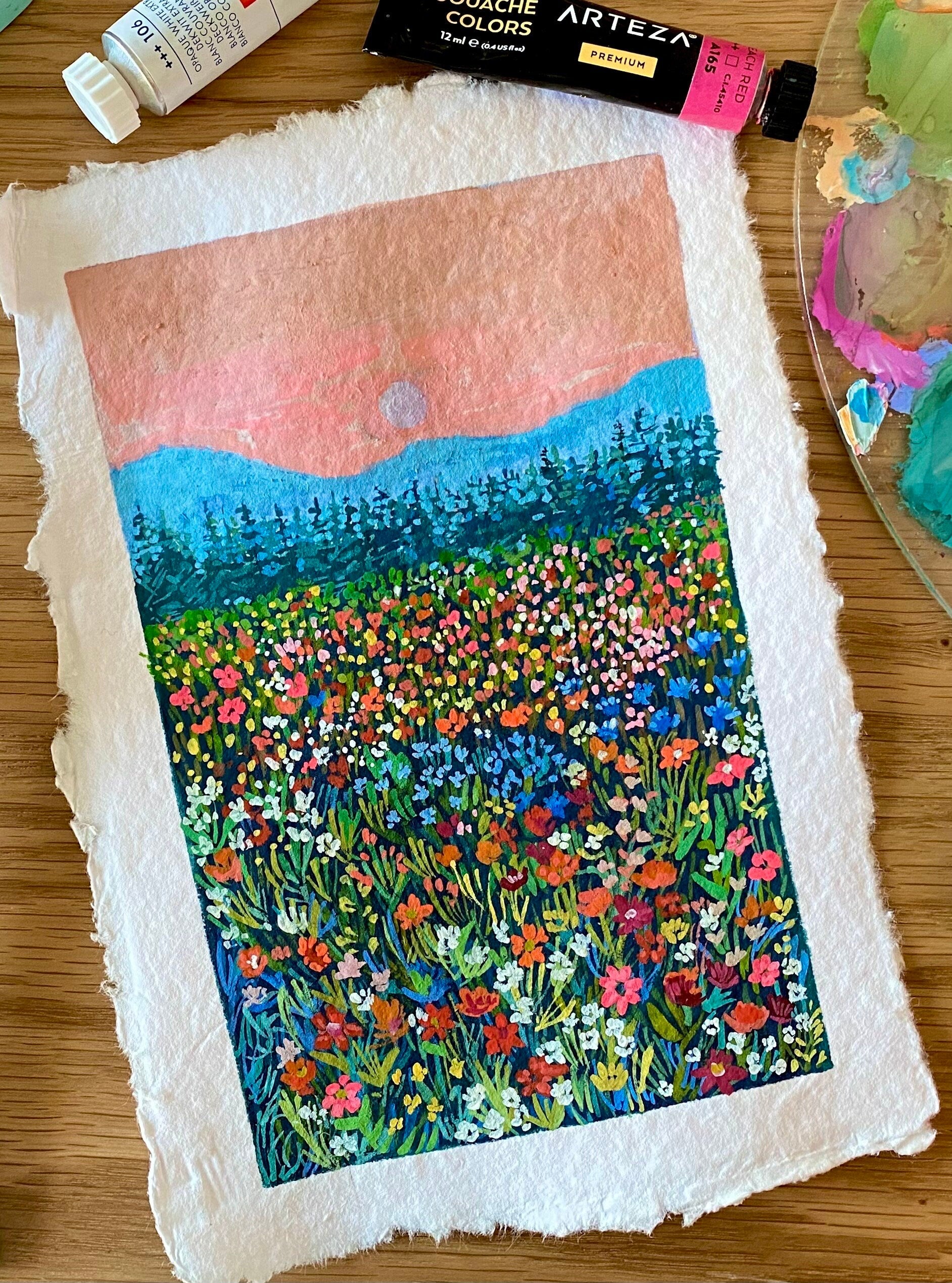 Original Gouache Flowers Painting on Handmade Paper