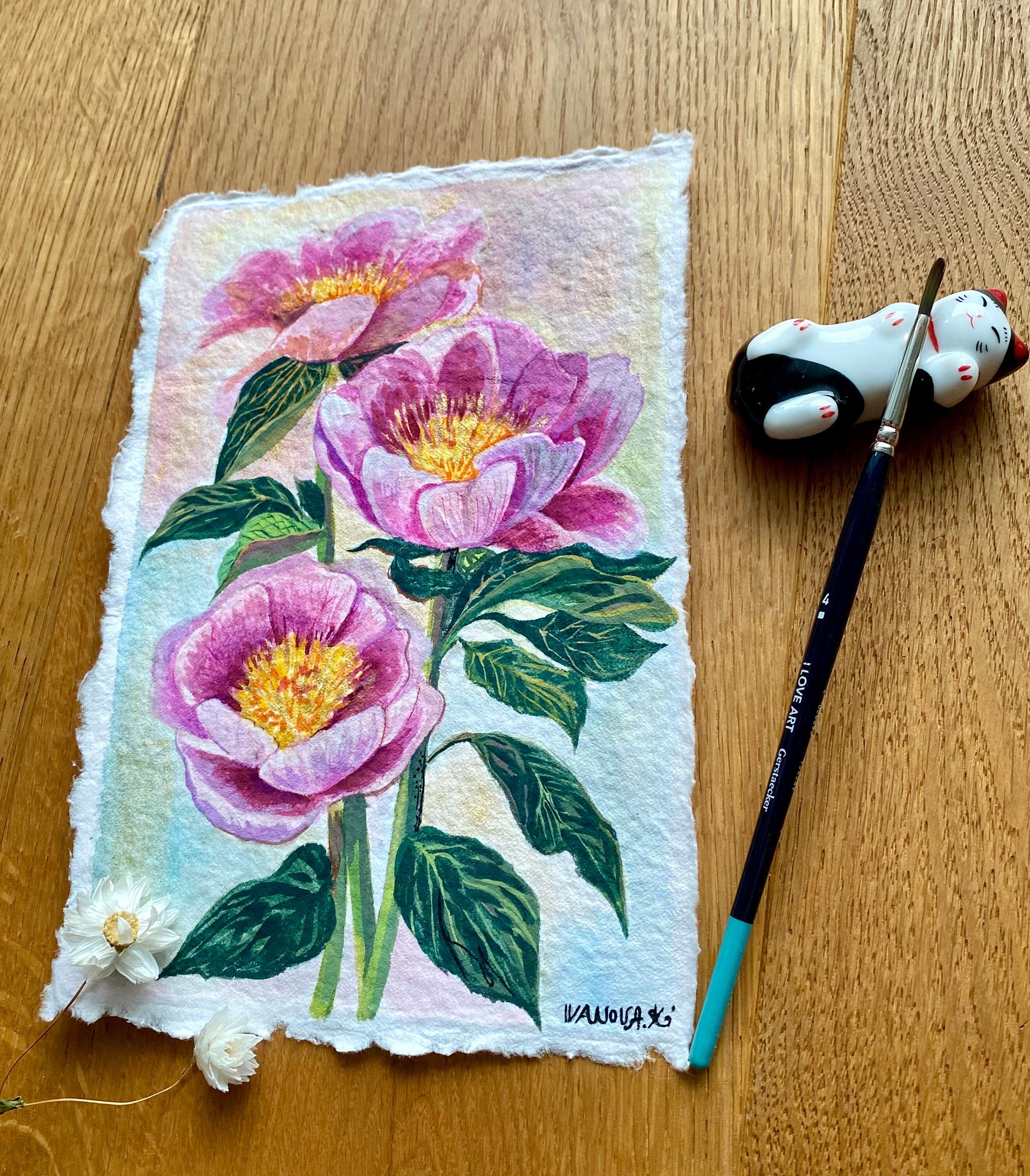 Peonies painting, Original peony gouache painting on rough paper