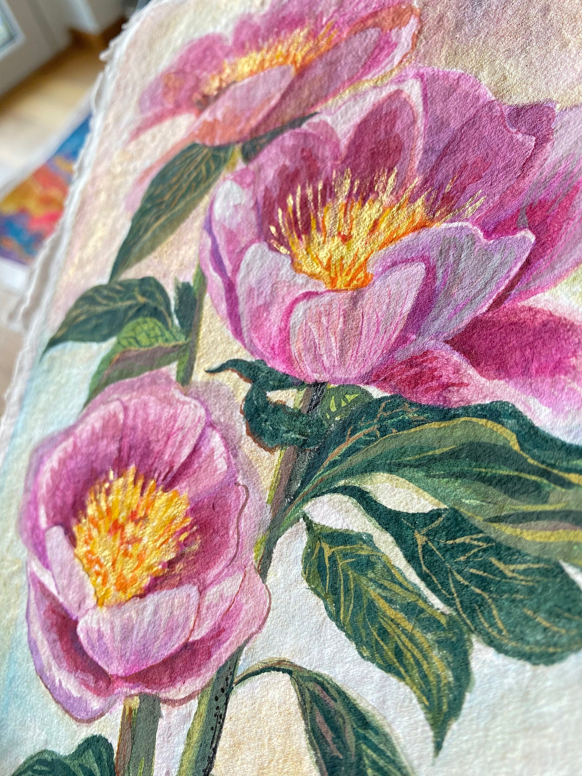 Peonies painting, Original peony gouache painting on rough paper