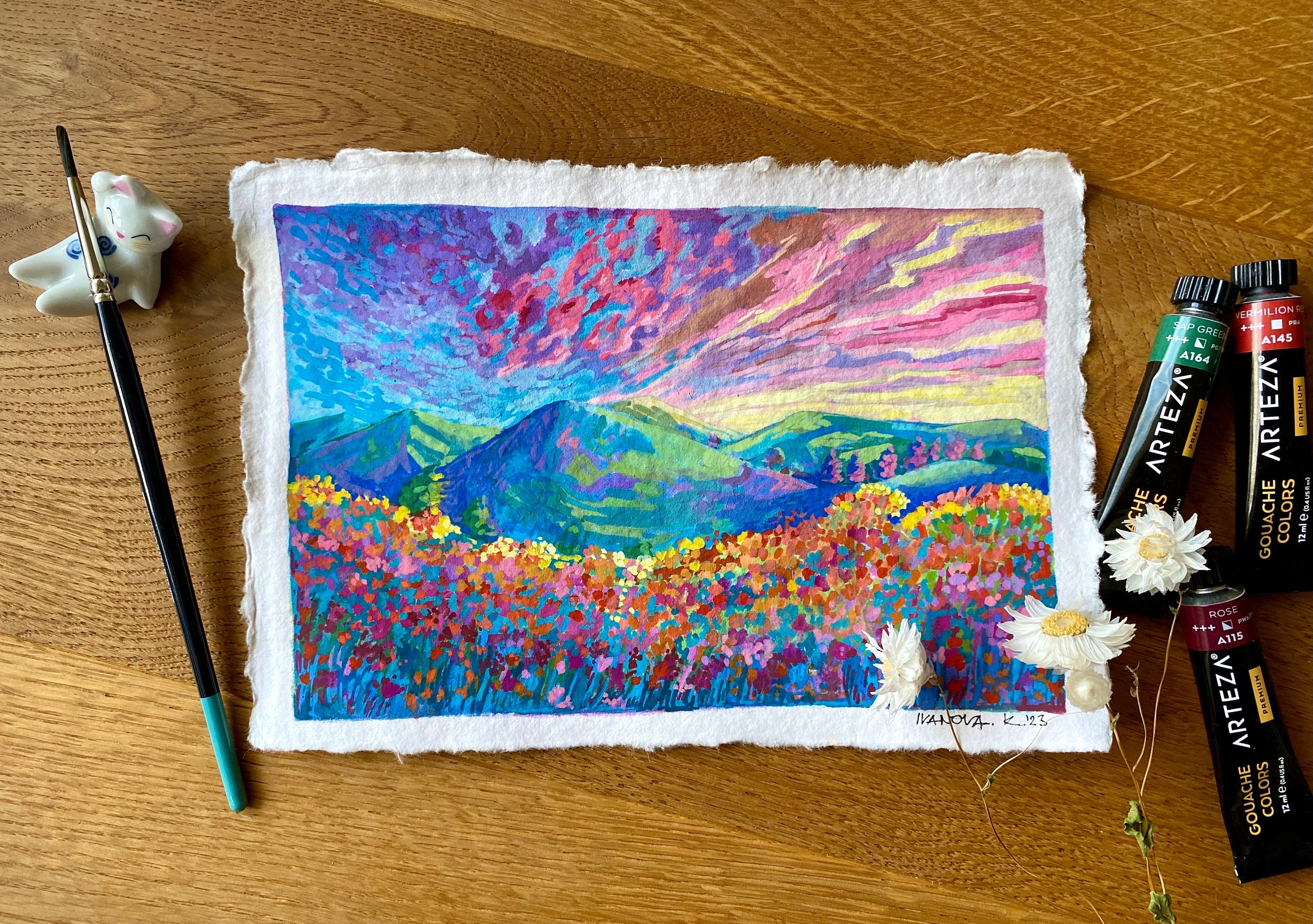 Original Gouache Landscape Painting on Handmade Paper