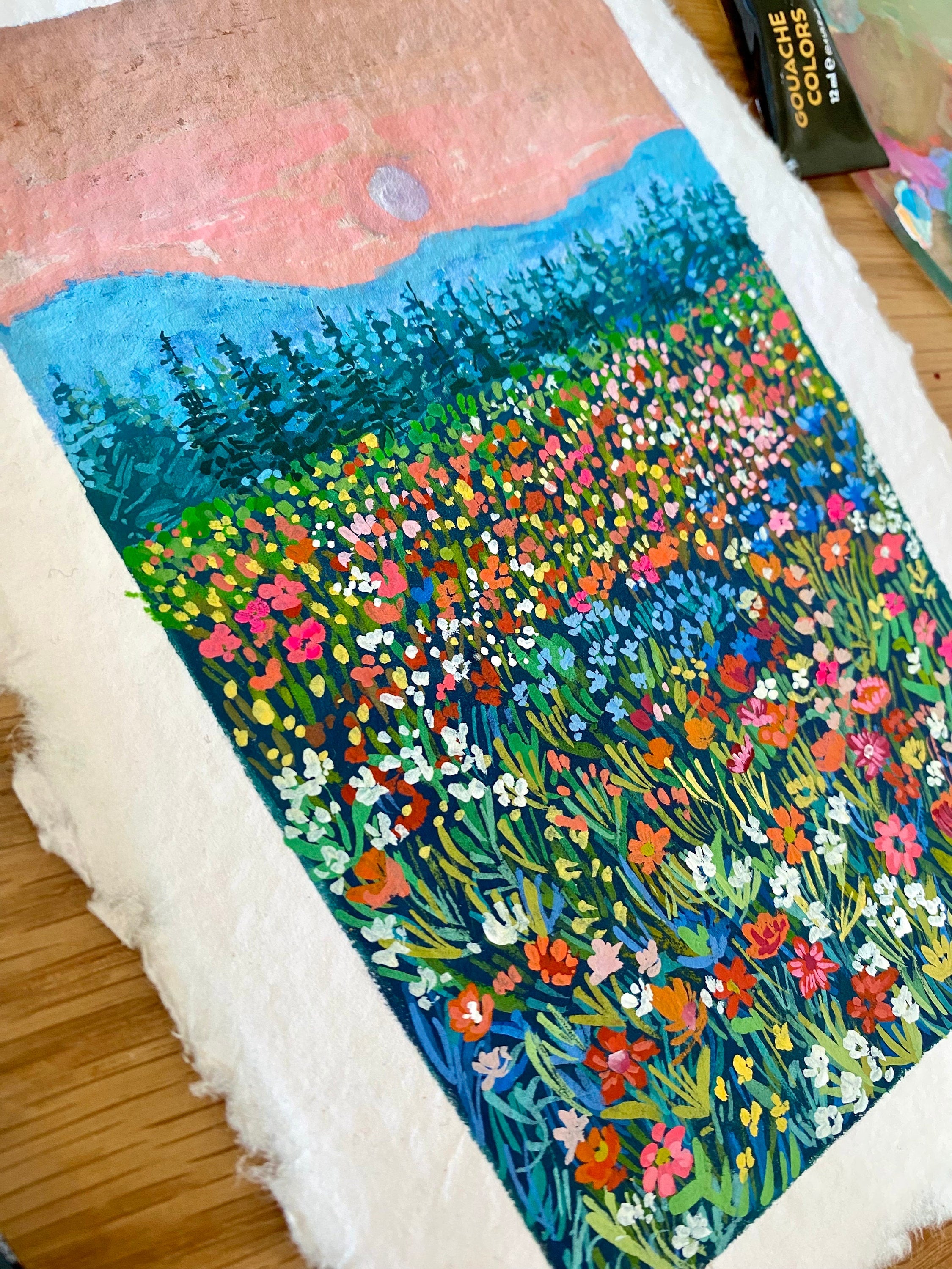 Original Gouache Flowers Painting on Handmade Paper