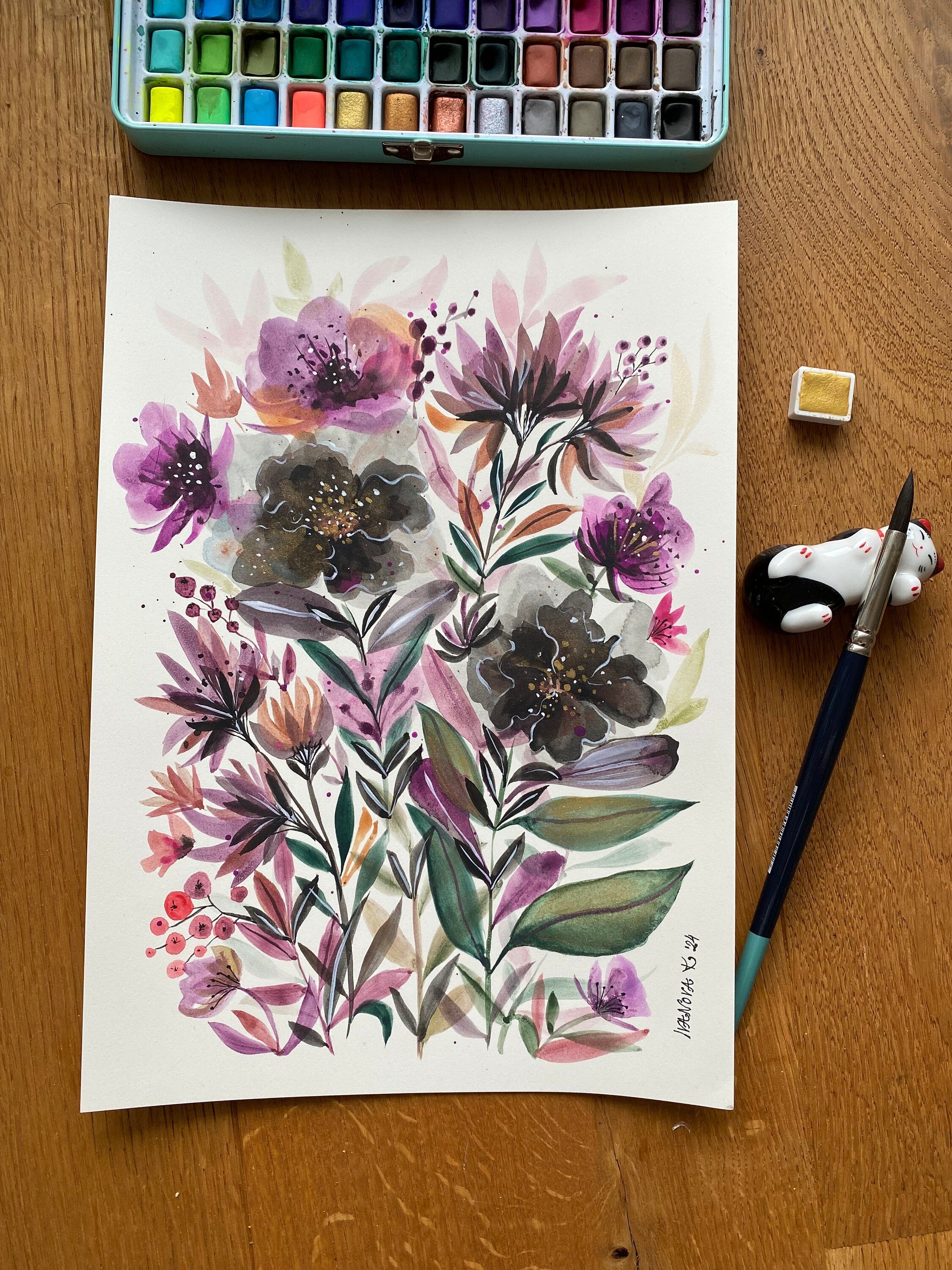 Original Watercolor Flowers Painting: Black Velvet Floral Art