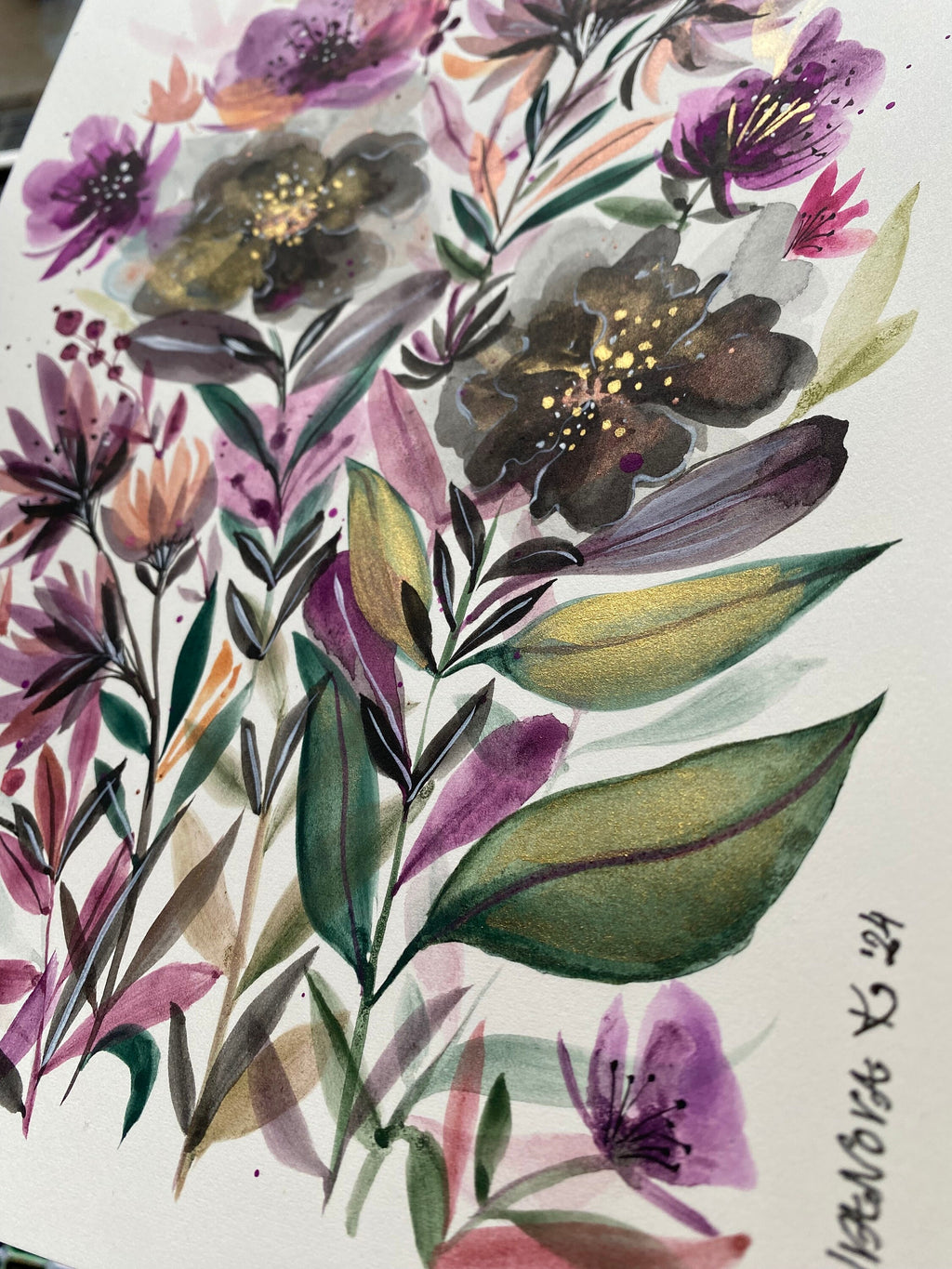 Original Watercolor Flowers Painting: Black Velvet Floral Art