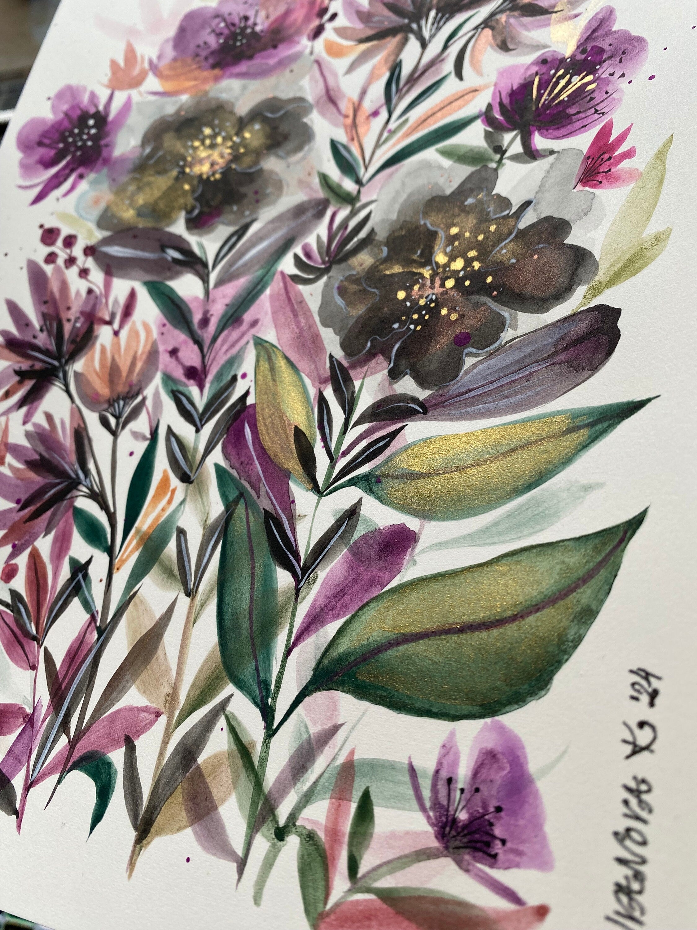 Original Watercolor Flowers Painting: Black Velvet Floral Art