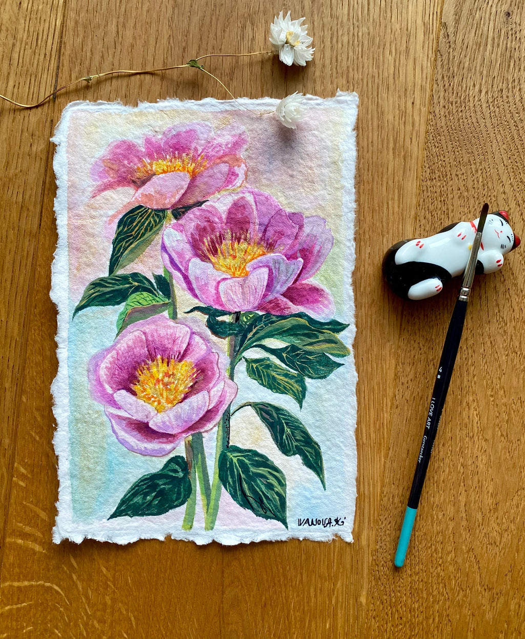 Peony painting, Original peony gouache painting on rough paper