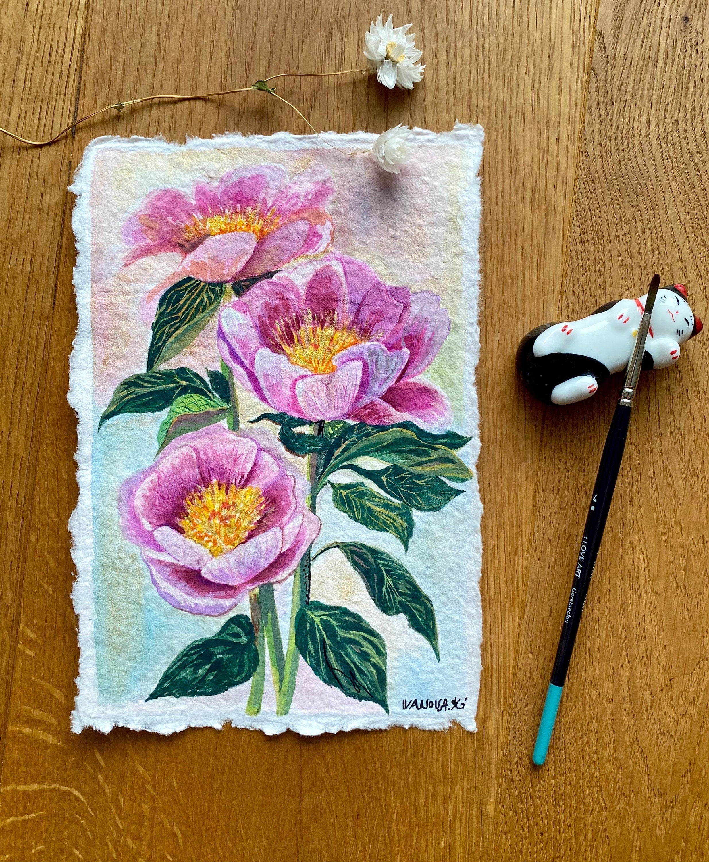 Peonies painting, Original peony gouache painting on rough paper