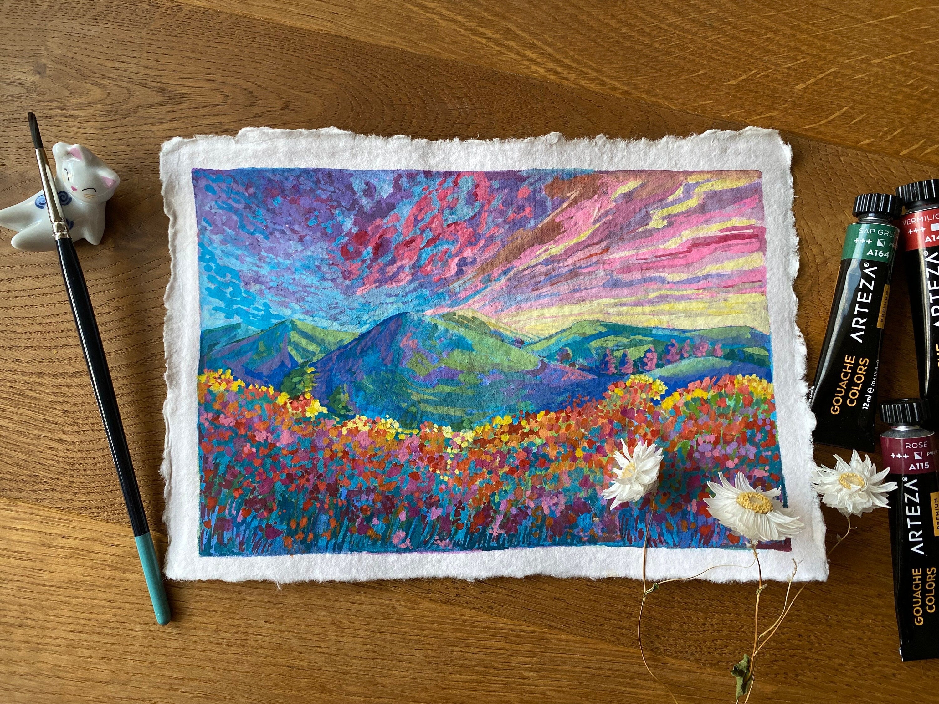 Original Gouache Landscape Painting on Handmade Paper