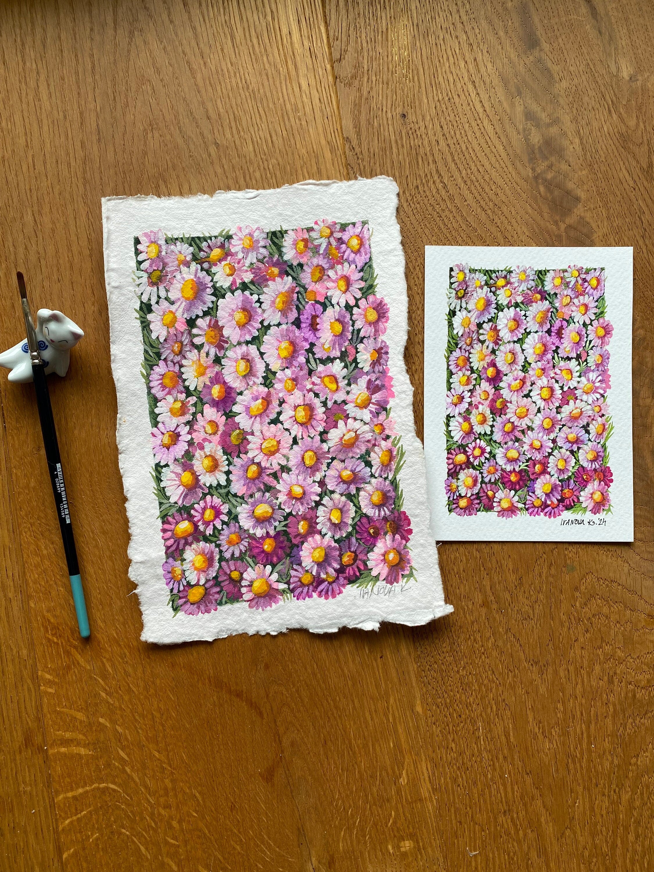 Original Gouache Daisies Painting on Handmade Paper