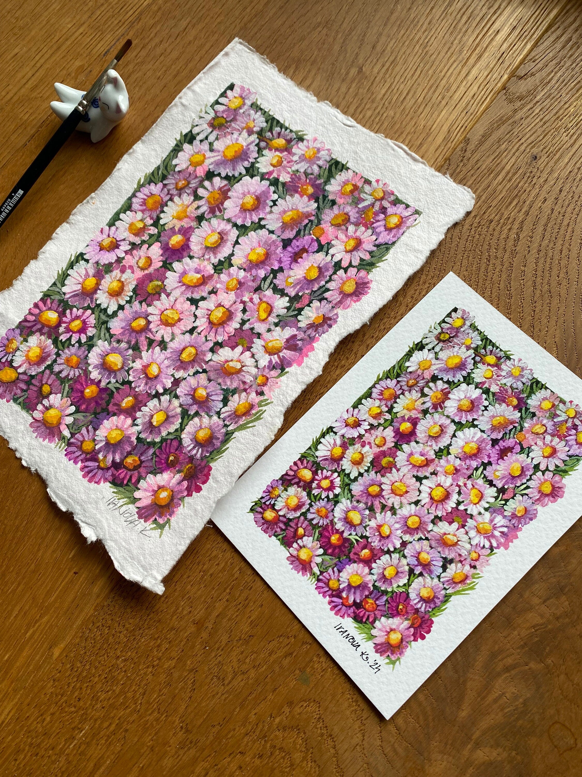 Original Gouache Daisies Painting on Handmade Paper