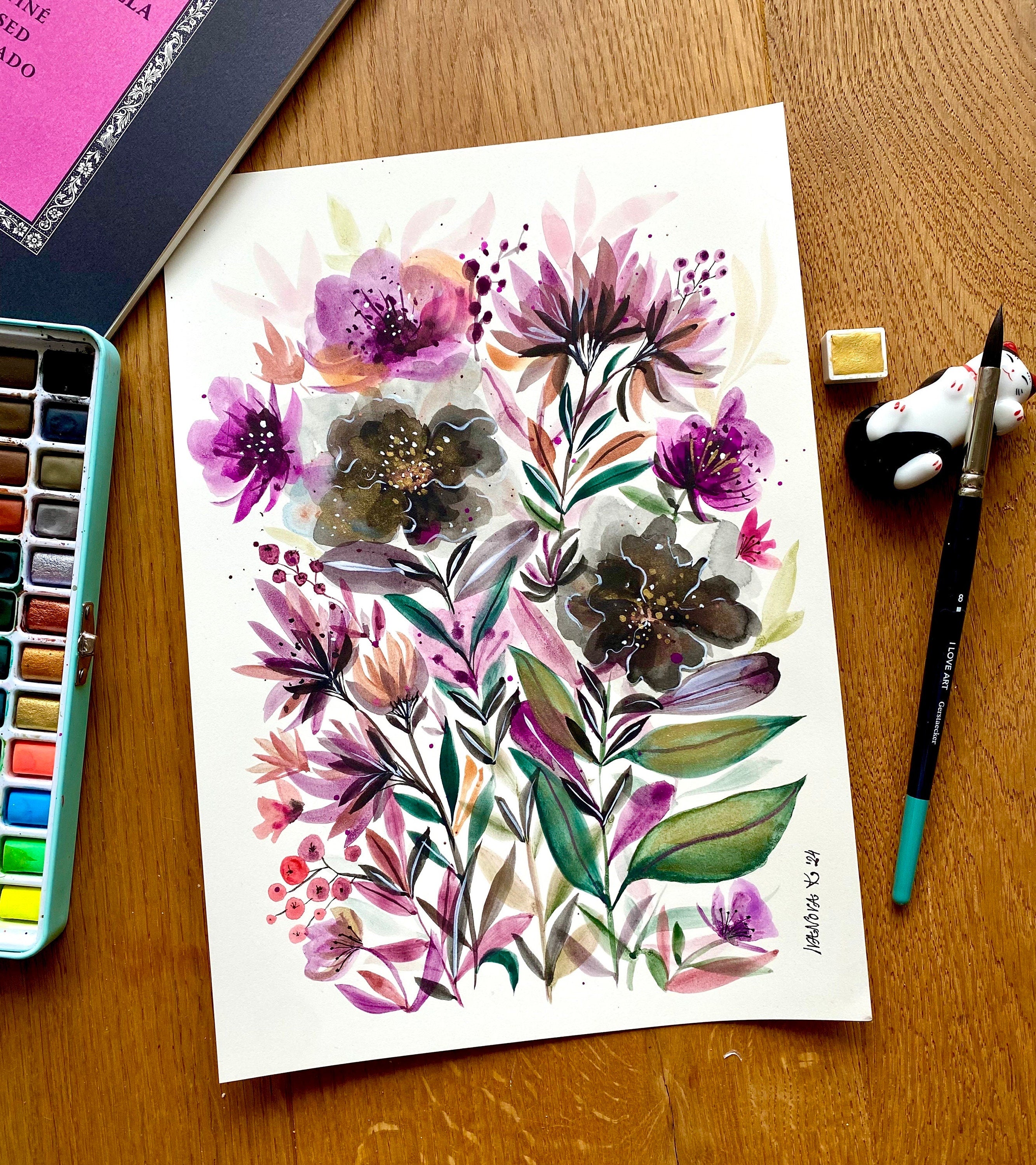 Original Watercolor Flowers Painting: Black Velvet Floral Art