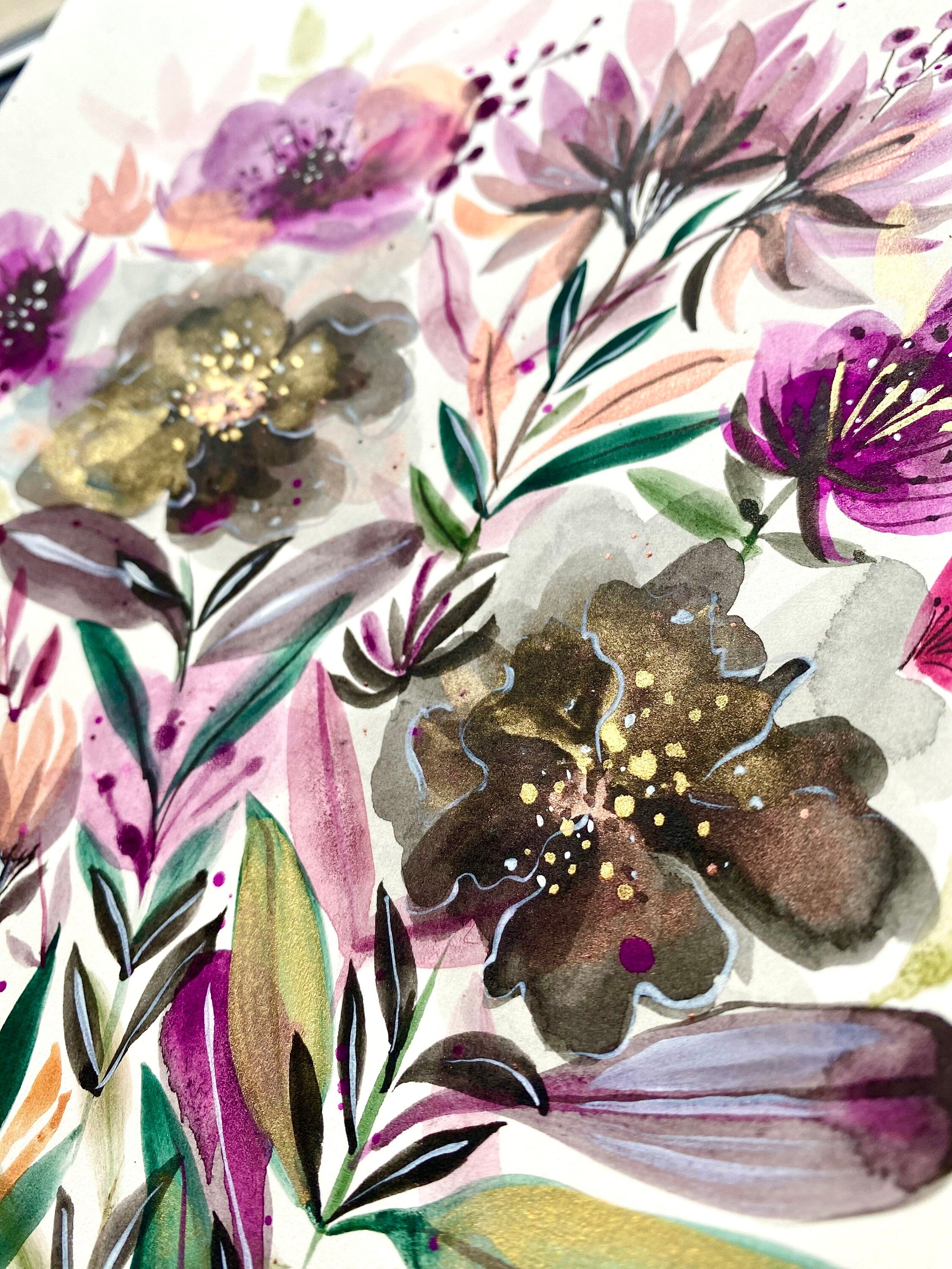 Original Watercolor Flowers Painting: Black Velvet Floral Art