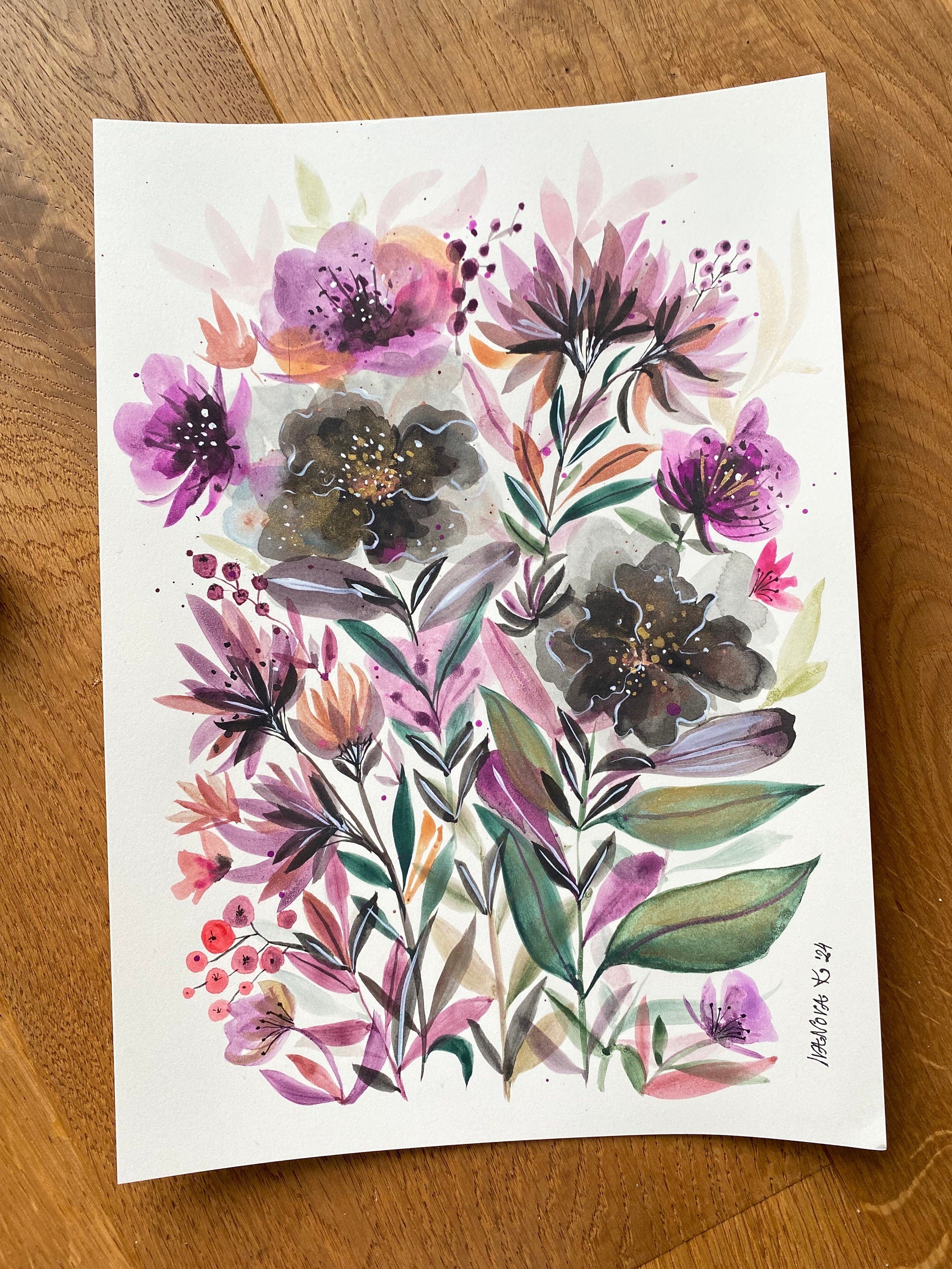 Original Watercolor Flowers Painting: Black Velvet Floral Art