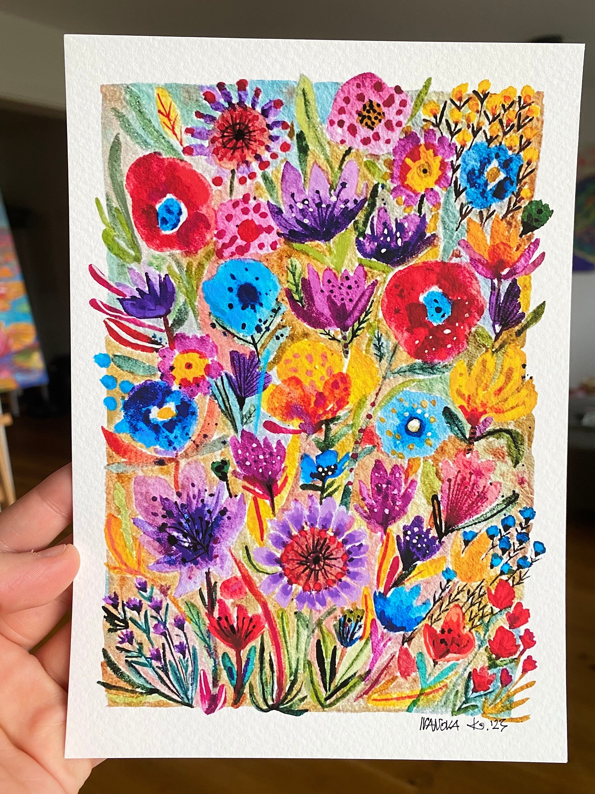 Garden flowers painting, Original gouache watercolor painting on rough paper