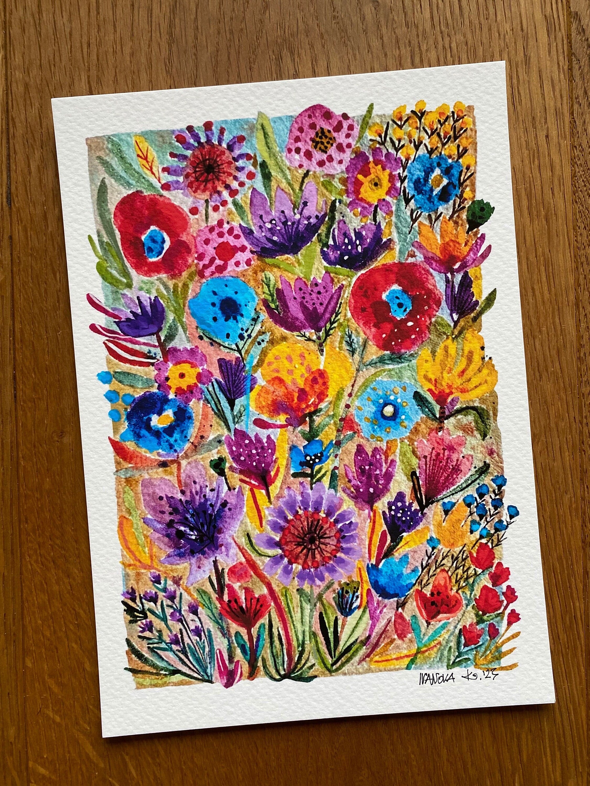 Garden flowers painting, Original gouache watercolor painting on rough paper